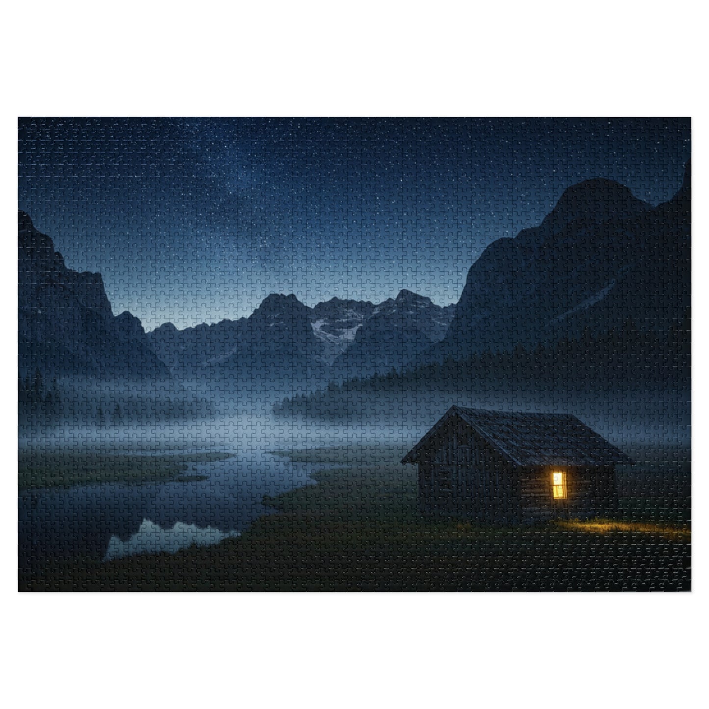 110, 252, 500, 1000, 2000 Starry Night Cabin Puzzle, Tranquil Nightscape Puzzle, Nighttime Cabin Under Stars, Twilight Mountains and Lit Cabin, Foggy Valley and Star-Filled Sky, Wilderness Cabin Puzzle