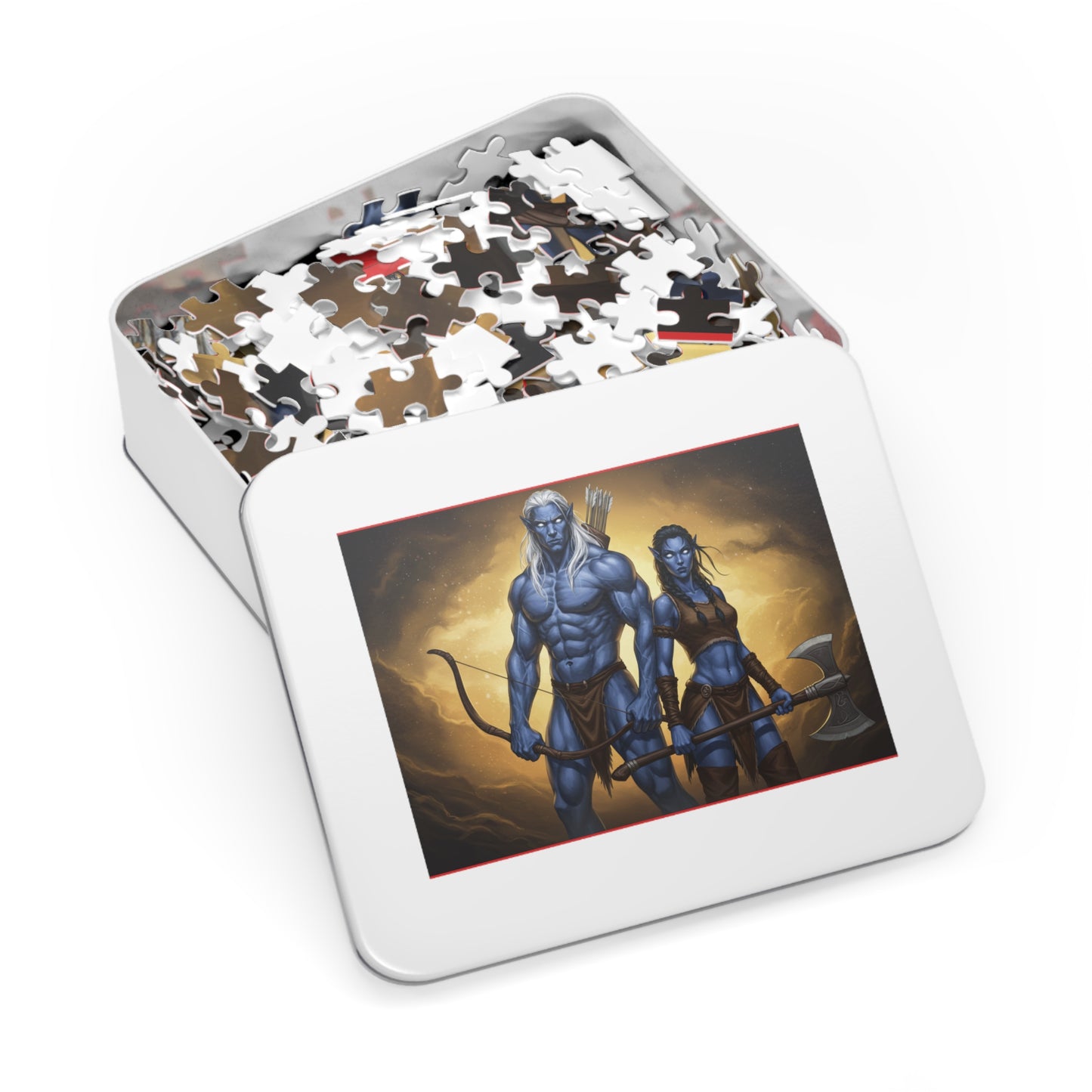 110, 252, 500, 1000, 2000 Blue-Skinned Heroes with Weapons Jigsaw Puzzle, Mythical Battle Duo Puzzle, Legendary Warriors Jigsaw, Heroic Fantasy Fighters Jigsaw