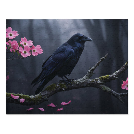 110, 252, 500, 1000, 2000 Black Bird in Spring Forest | Dark Raven with Pink Blossoms | Nature-Inspired Raven & Bloom Puzzle |Mystical Raven Jigsaw Puzzle with Tin | Gothic Raven & Cherry Blossom Puzzle
