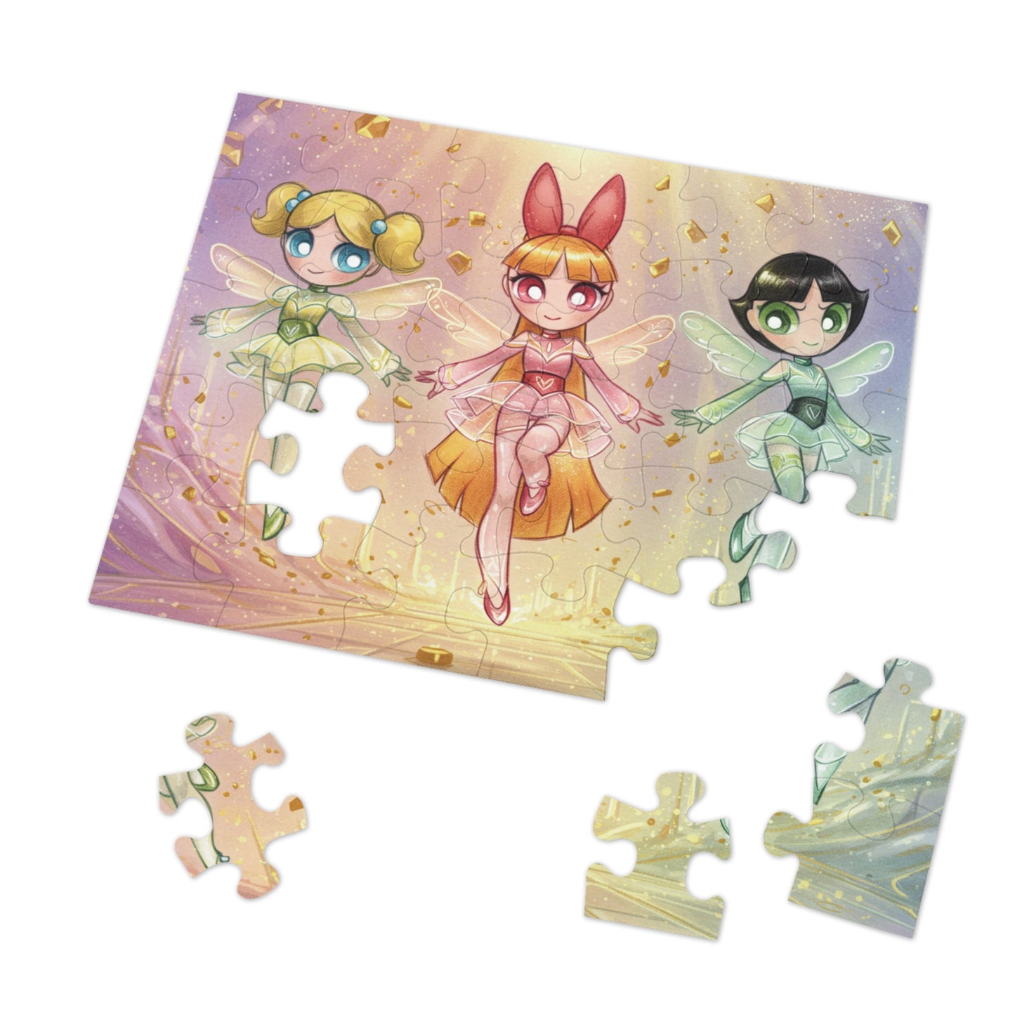 30, 110, 252 pcs Magical Fairy Trio Jigsaw Puzzle, Colorful Fairies in a Glittering World, Pastel Fantasy Puzzle, Glittering Fairy Puzzle