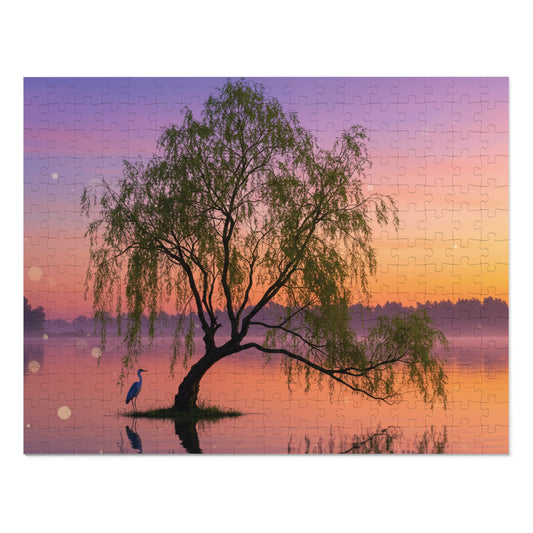 Willow Tree & Heron Jigsaw Puzzle (110, 252, 500, 1000, 2000 pcs) – Sunset Lake Scene in Gift Tin