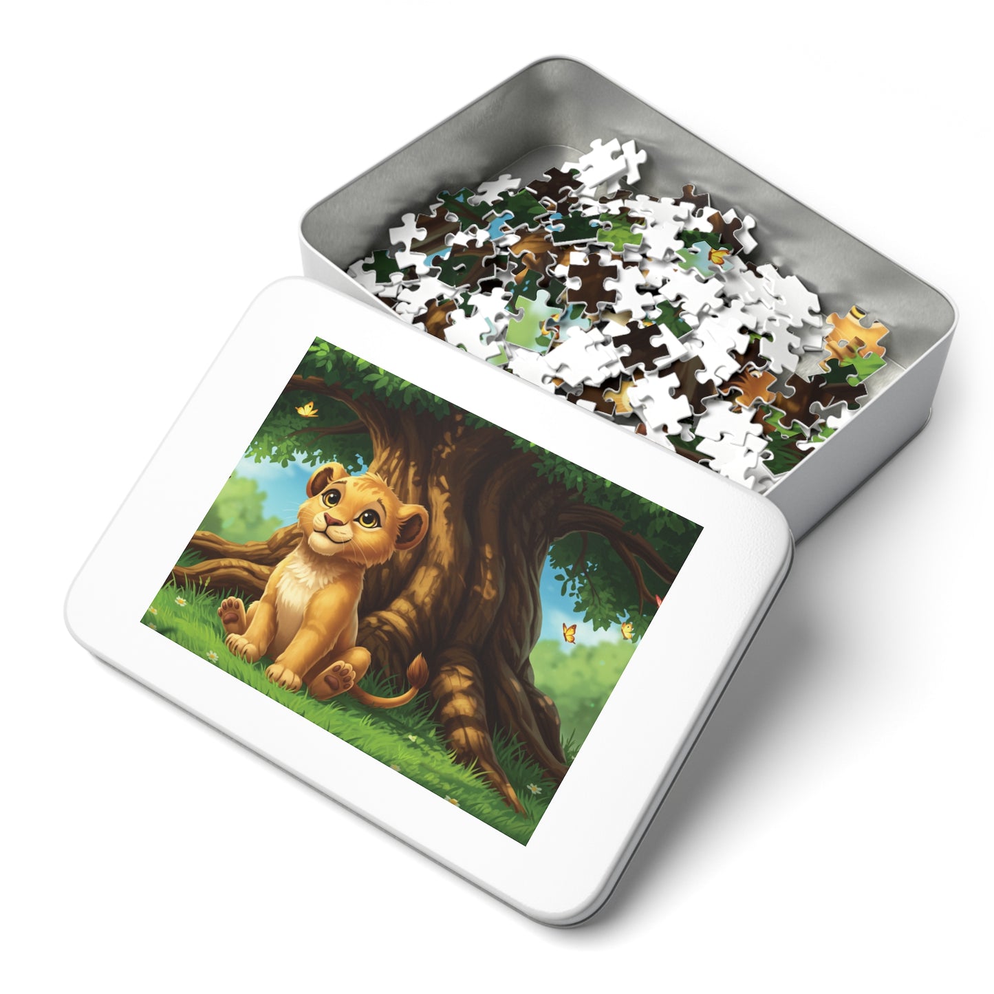 30, 110, 252, 500 Adorable Lion Cub Jigsaw Puzzle with Tin, Little Lion Under the Tree – Nature Puzzle for Children & Animal Lovers, Whimsical Wildlife for Kids & Families