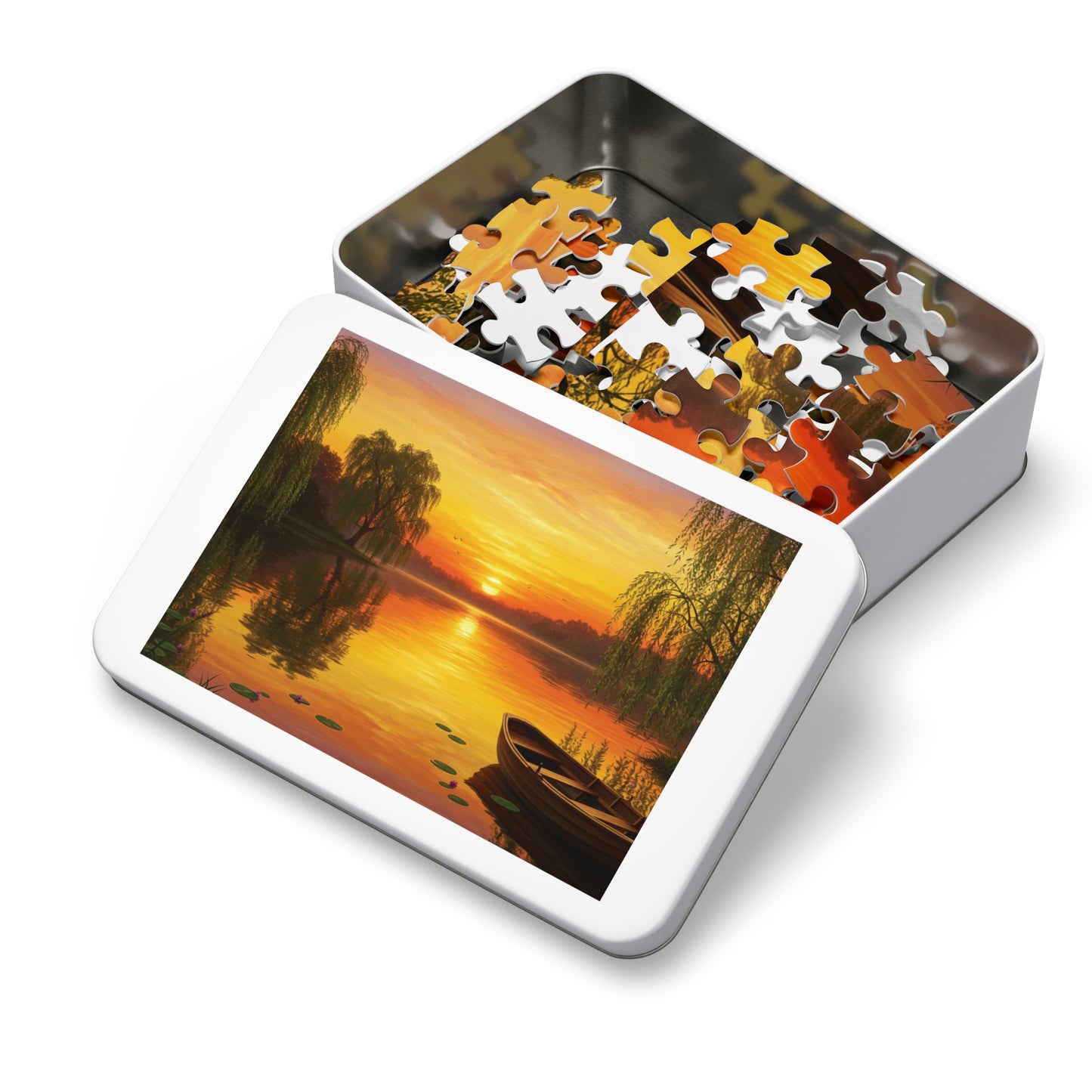 110, 252, 500, 1000, 2000 Golden Sunset Rowboat Puzzle, Sunset Over Still Waters, Boat at Dusk Puzzle, Tranquil Willow Tree Sunset, Golden Hour Reflection Puzzle, Sunset Reflection on Lake Puzzle, Rowboat on Calm Waters Puzzle