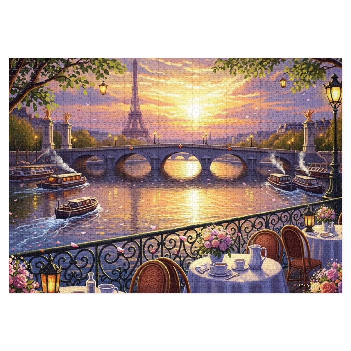 Eiffel Tower Sunset Over the Seine Puzzle | Paris Café Terrace Artwork