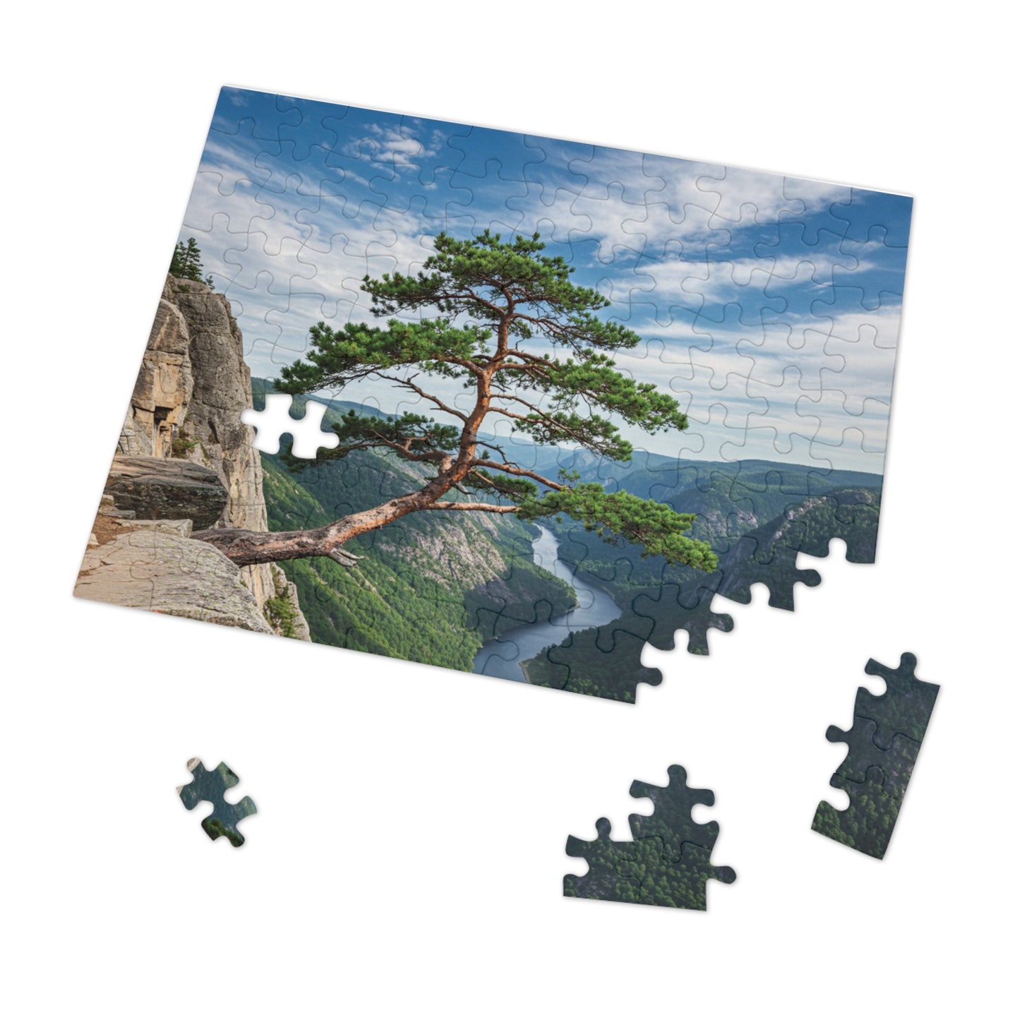 Cliffside Tree Jigsaw Puzzle (110, 252, 500, 1000, 2000 pcs) – Peaceful Nature, Mountain & River Design, Serene Forest Scene