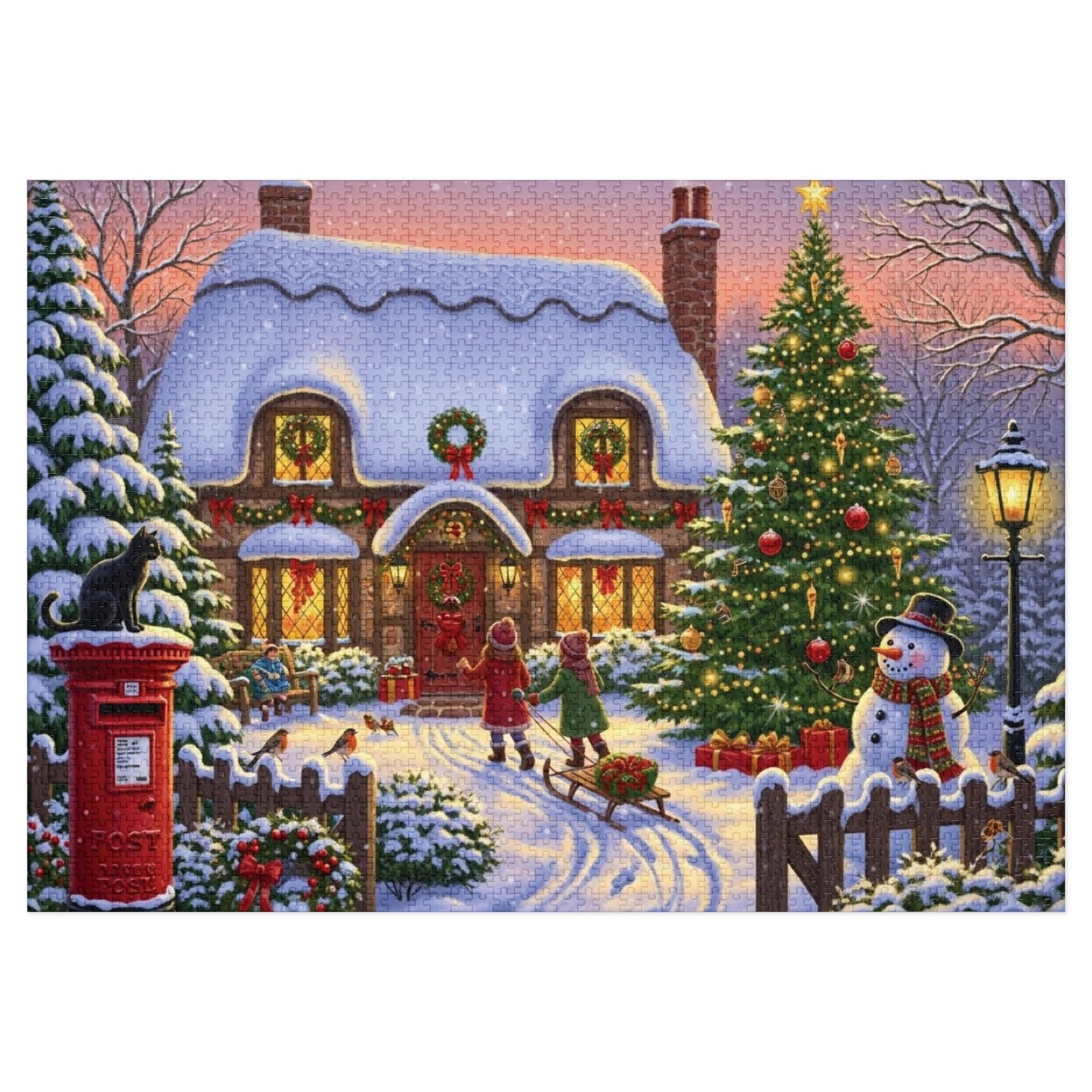 Christmas Cottage Jigsaw Puzzle with Tree Snowman and Sled