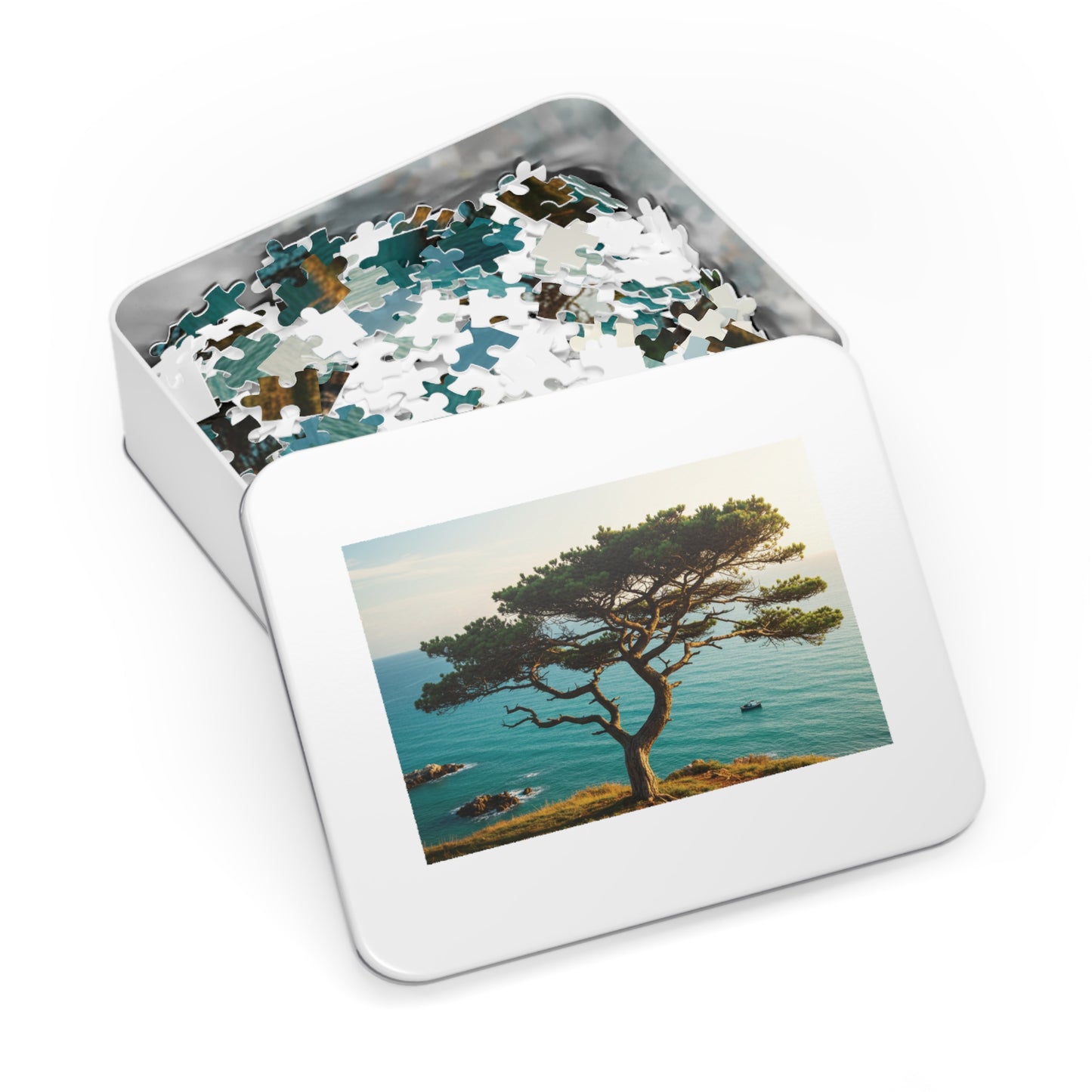 Coastal Tree & Ocean View Jigsaw Puzzle (110, 252, 500, 1000, 2000 pcs) – Serene Cliffside Scene in Gift Tin