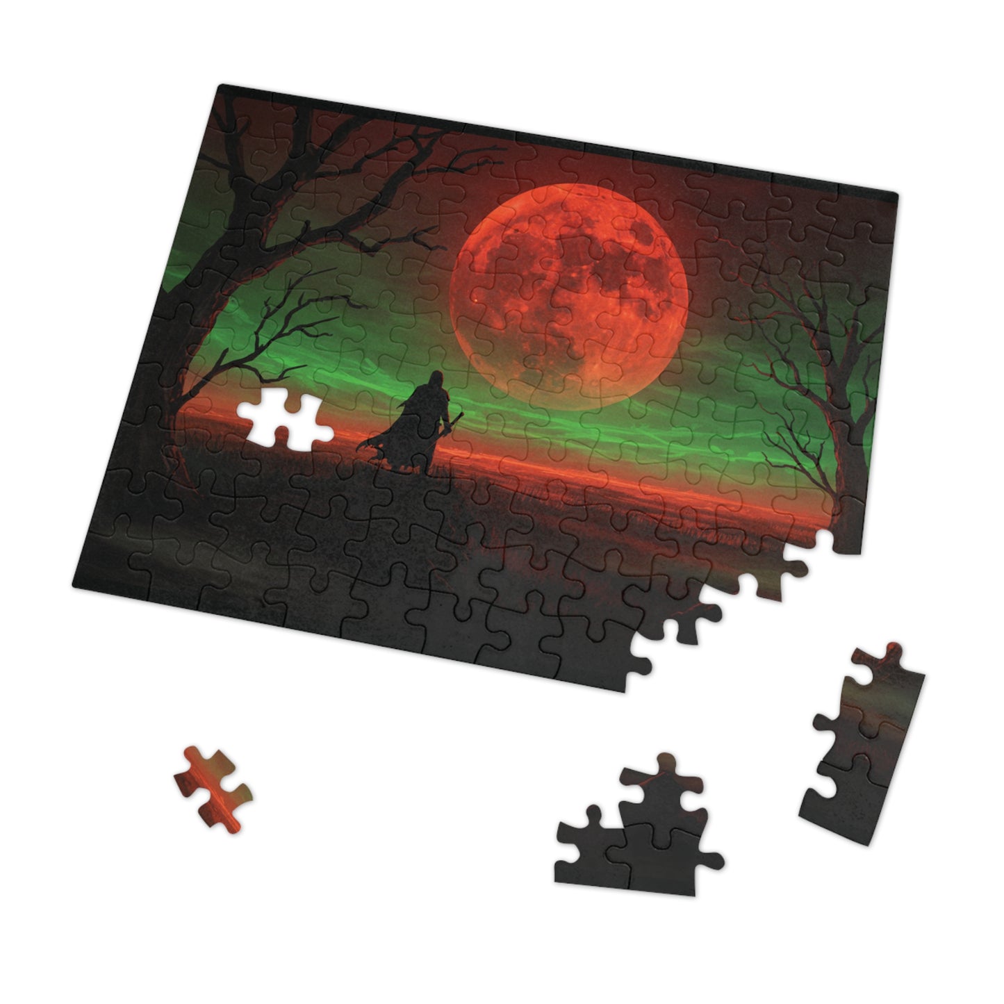 110, 252, 500, 1000, 2000 Mystical Red Moon Jigsaw Puzzle, Blood Moon Warrior Puzzle, Apocalyptic Red Moon Puzzle, Shadow Path Puzzle, Dark Fantasy Puzzle, Crimson Sky Puzzle