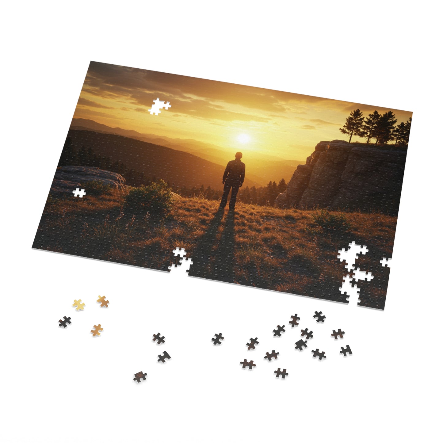 252, 500, 1000, 2000 Jigsaw Puzzle| Golden Hour Reflection | Sunset Overlook | Solitary Figure in Nature | Mountain Ridge Glow Jigsaw Puzzle | Scenic Jigsaw Puzzle with Vintage Tin