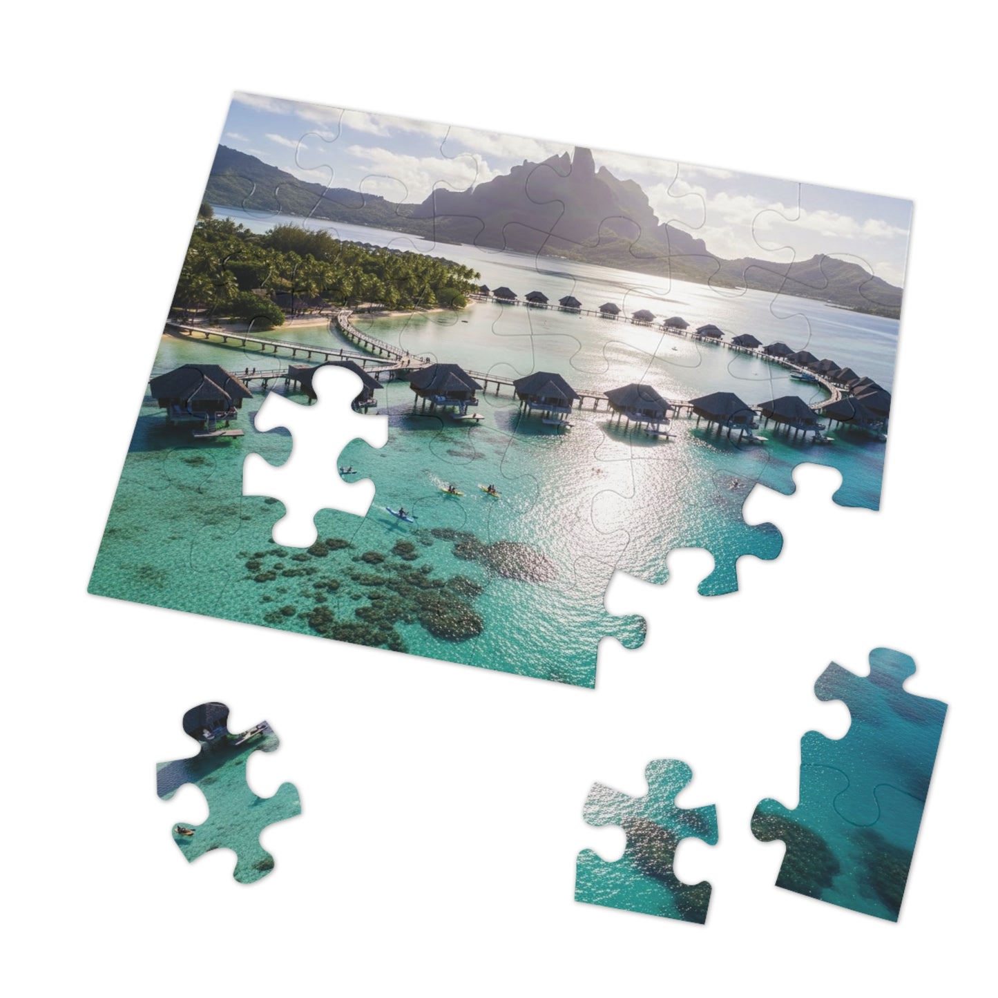 Bora Bora Overwater Bungalows Jigsaw Puzzle 🌴 Crystal Lagoon, Tropical Island Paradise & Luxury Resort View