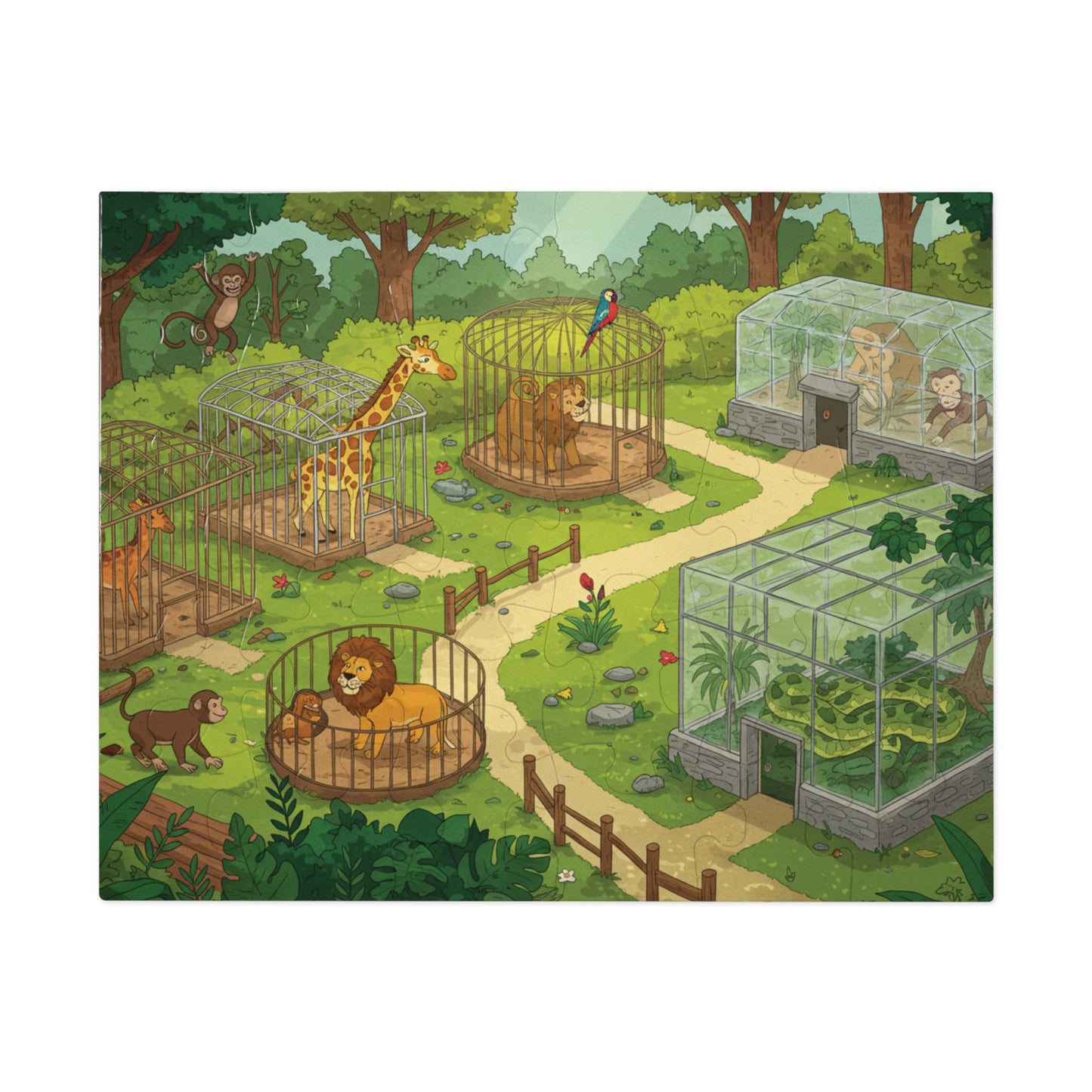 30, 110, 252 pcs Whimsical Zoo Jigsaw Puzzle, Cartoon Zoo Jigsaw Puzzle, Giraffes, Lions, Monkeys, and Parrots, Animated Animal Park Jigsaw, Lively Zoo Puzzle, Family Friendly Zoo Jigsaw Puzzle