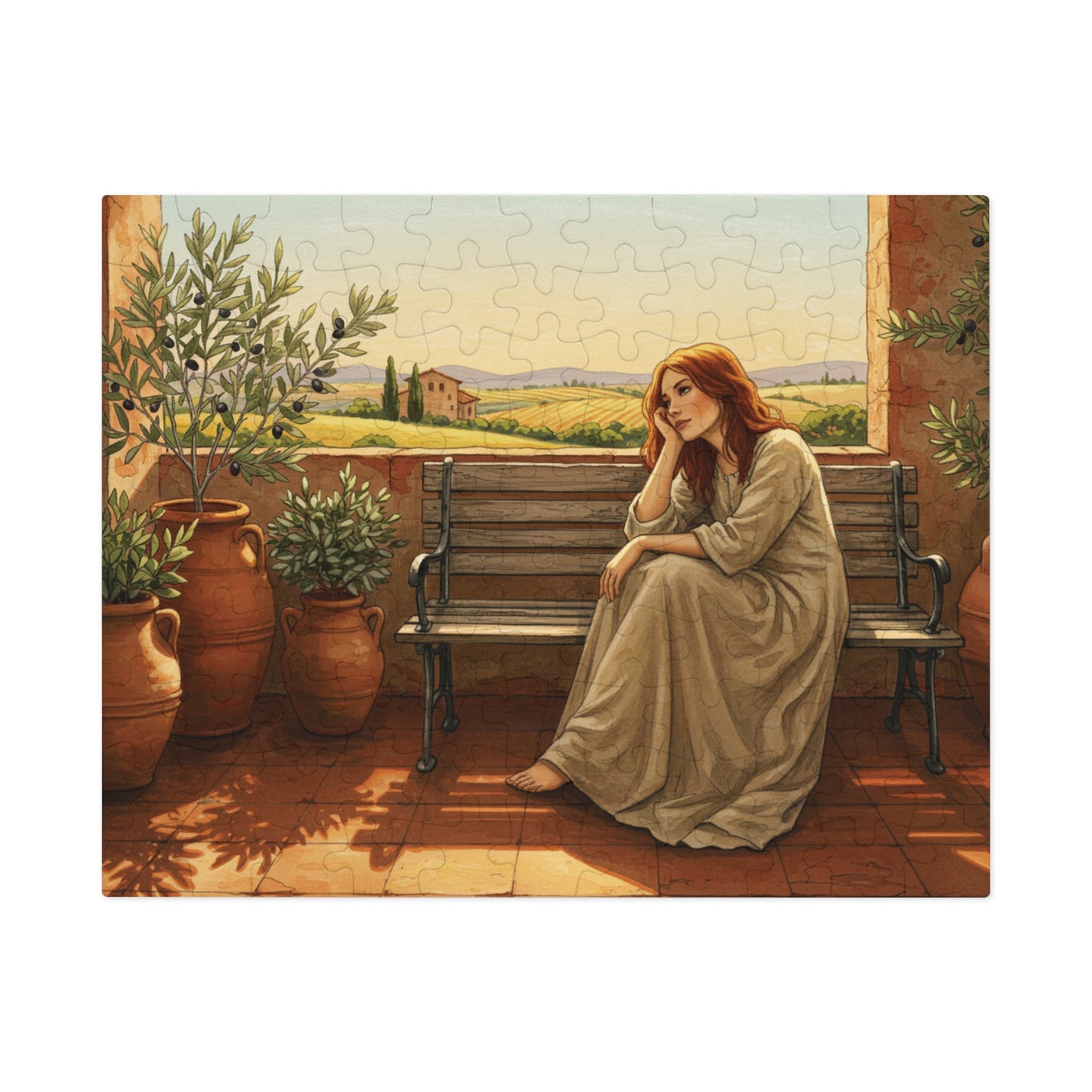 110, 252, 500, 1000, 2000 pcs Rustic Countryside Jigsaw Puzzle, Woman on Bench with Olive Trees, Mediterranean Landscape Puzzle