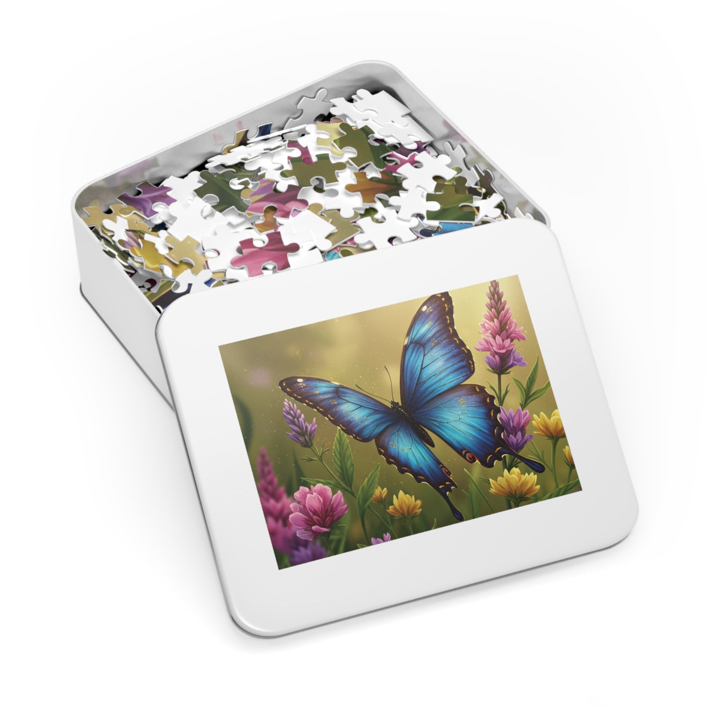 30, 110, 252, 500 | Blue Butterfly Among Spring Wildflowers | Vibrant Garden Scene | Nature Jigsaw Puzzle | Bloom & Wings Puzzle Art | Butterfly Blossom Jigsaw Puzzle with Tin