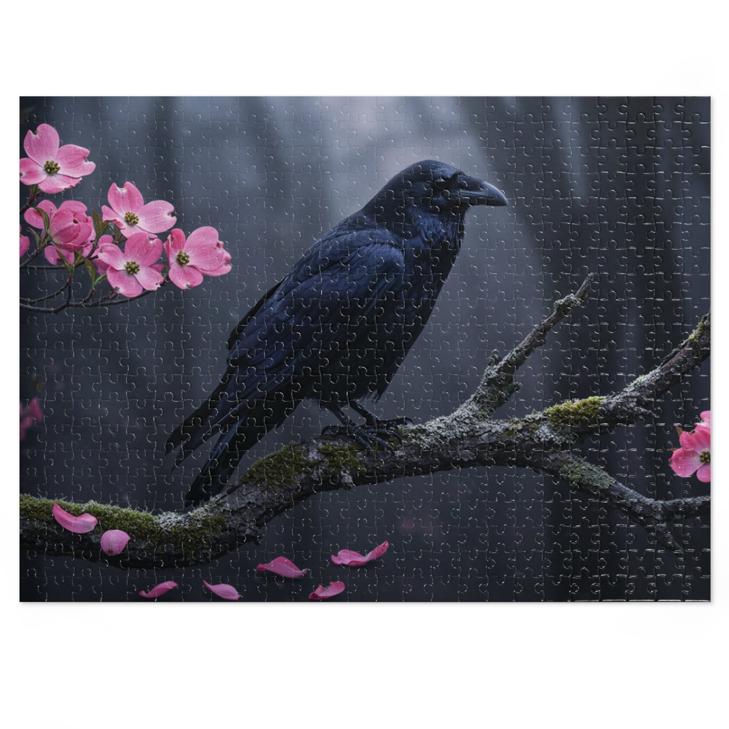 110, 252, 500, 1000, 2000 Black Bird in Spring Forest | Dark Raven with Pink Blossoms | Nature-Inspired Raven & Bloom Puzzle |Mystical Raven Jigsaw Puzzle with Tin | Gothic Raven & Cherry Blossom Puzzle