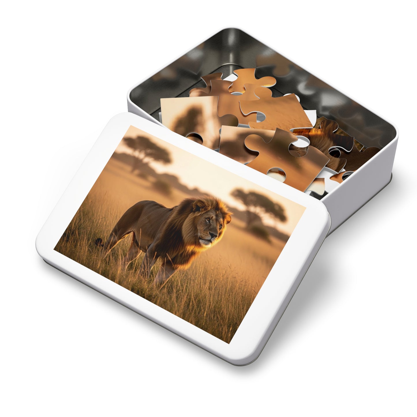 Lion in Golden Savanna Jigsaw Puzzle (with Tin)