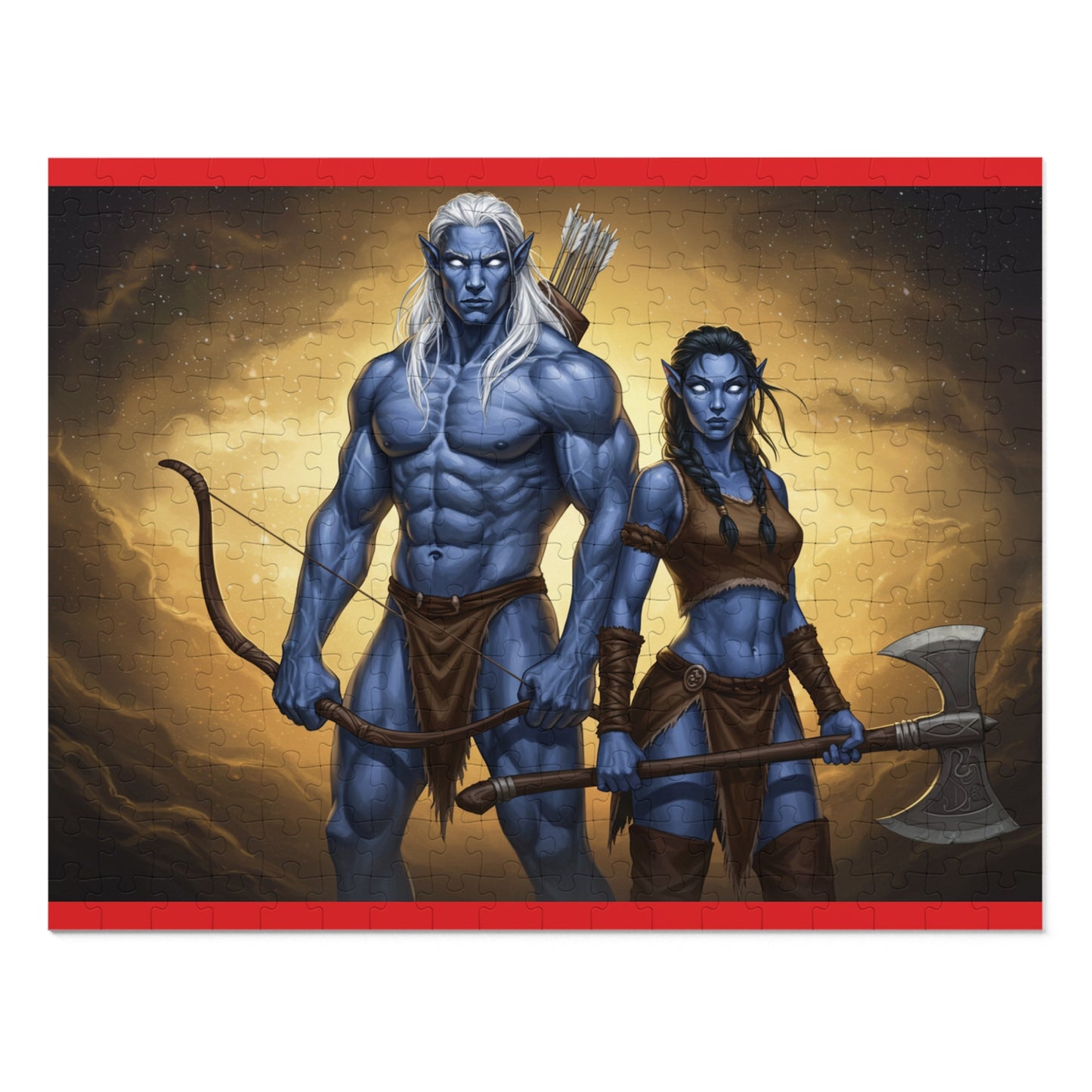 110, 252, 500, 1000, 2000 Blue-Skinned Heroes with Weapons Jigsaw Puzzle, Mythical Battle Duo Puzzle, Legendary Warriors Jigsaw, Heroic Fantasy Fighters Jigsaw
