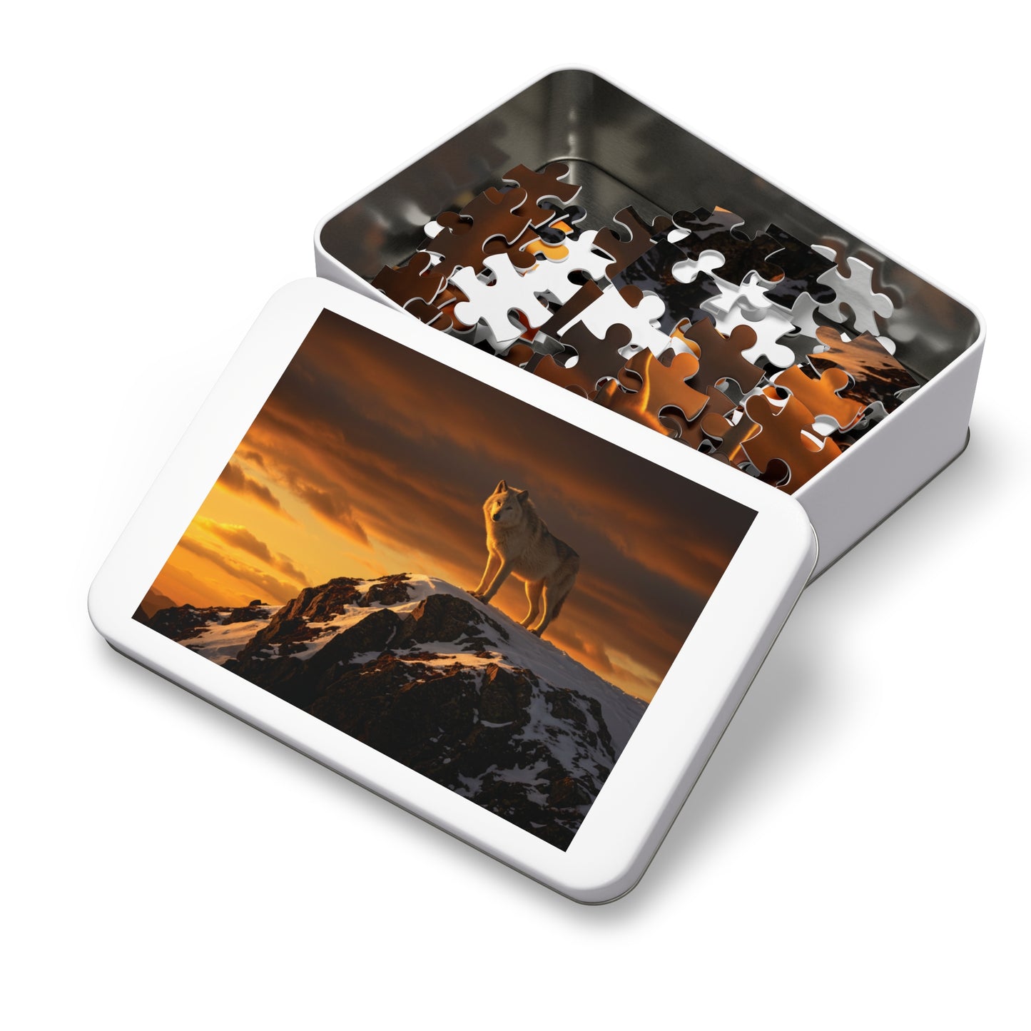 110, 252, 500, 1000, 5000 Wolf Mountain Jigsaw Puzzle with Tin, Lone Wolf at Sunset, Wild Wolf on Snowy Peak, Sunset Wolf Puzzle, Arctic Wolf on Rocky Summit, Wolf in the Wilderness