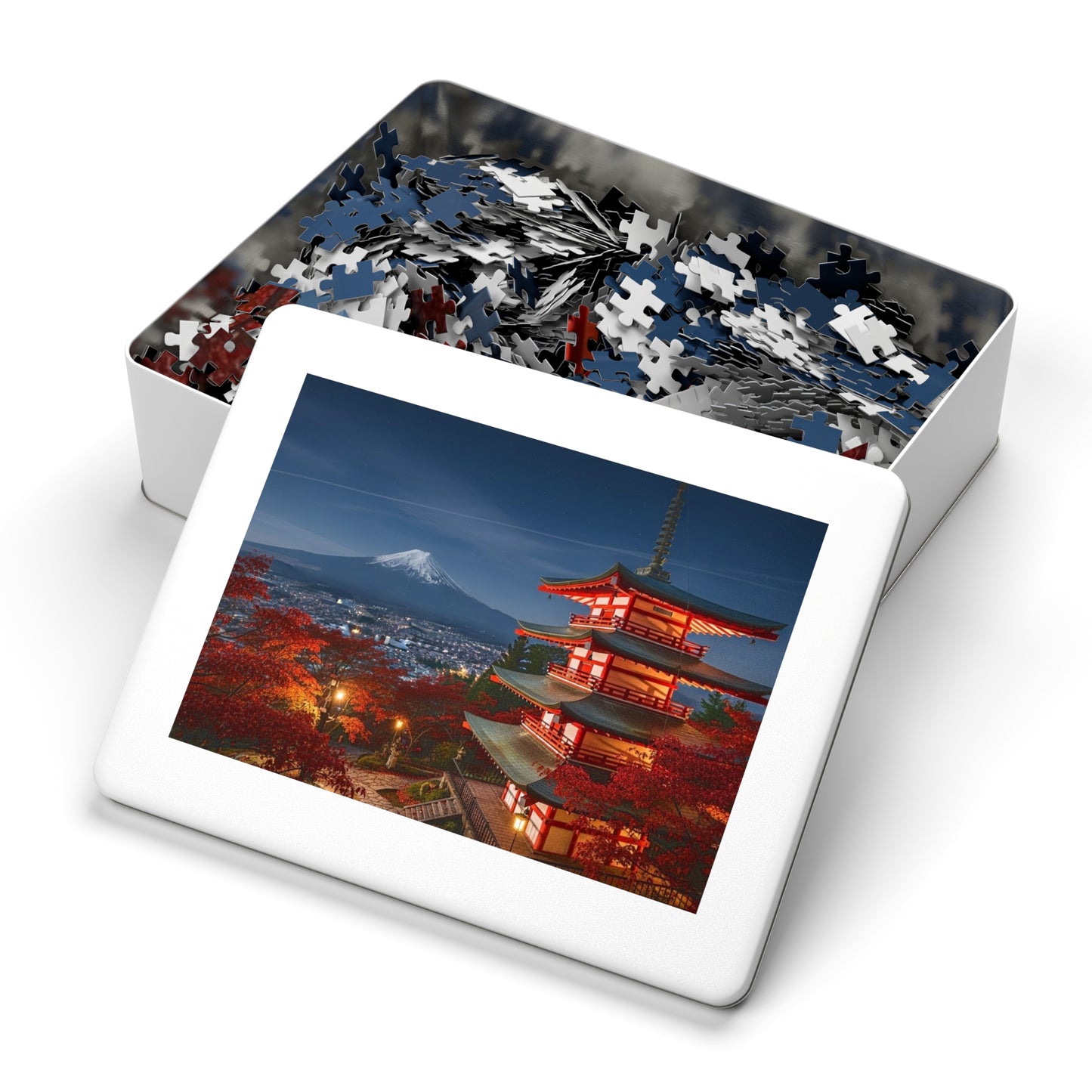 Mount Fuji Night Pagoda Jigsaw Puzzle 🌙🗻 Autumn Temple View, Japan City Lights & Crimson Maples