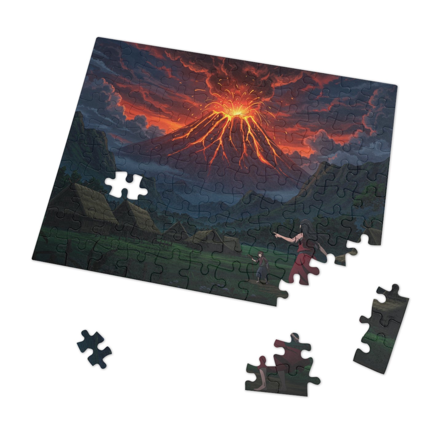 110, 252, 500, 1000 pcs Volcano Eruption Jigsaw Puzzle, Explosive Landscape Puzzle, Lava Flow and Smoke Over Mountainous Horizon