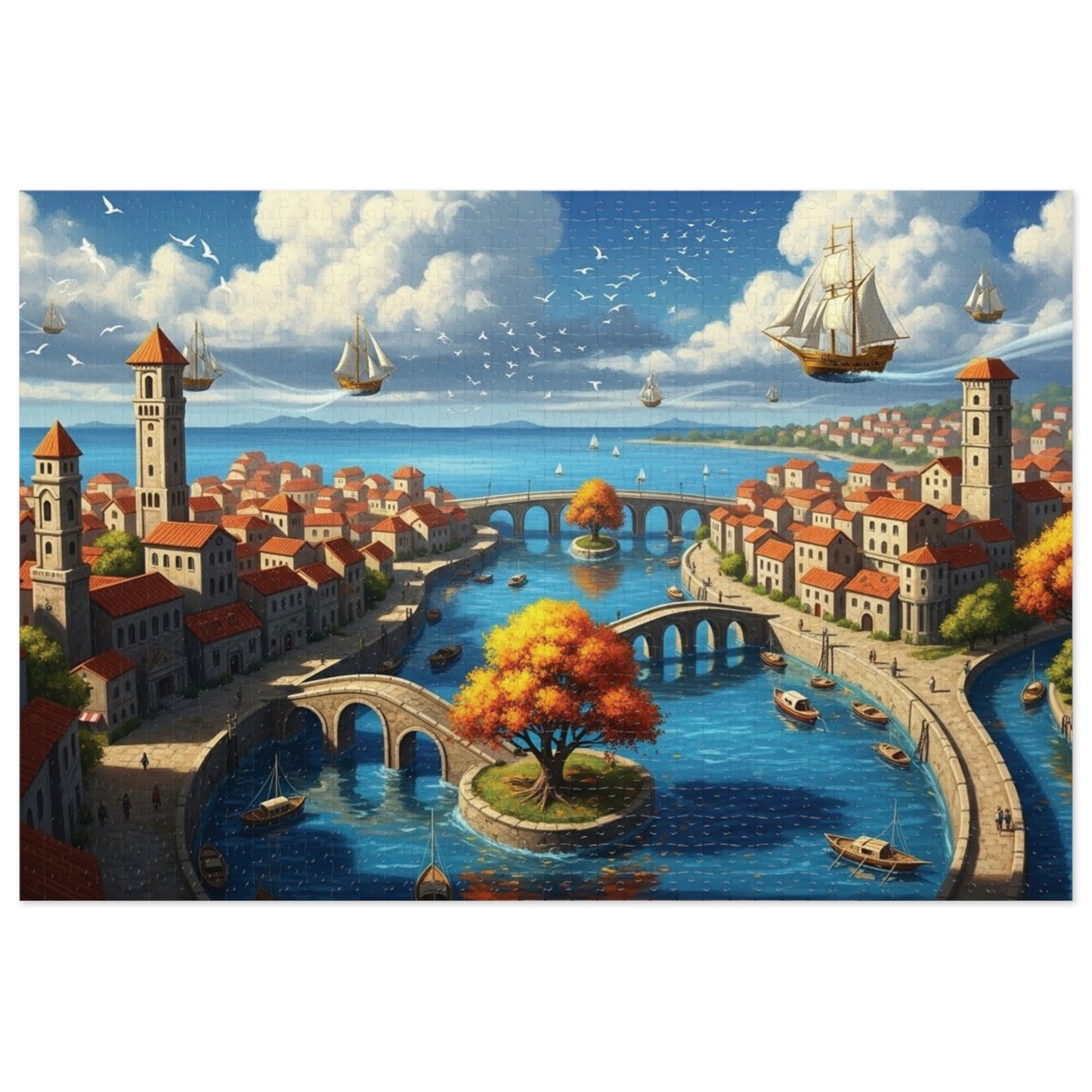 Floating Ships Over the Canal City, Coastal Town, Sailing Ships & Bridge Jigsaw Puzzle ✨