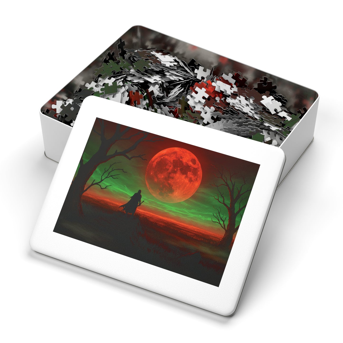 110, 252, 500, 1000, 2000 Mystical Red Moon Jigsaw Puzzle, Blood Moon Warrior Puzzle, Apocalyptic Red Moon Puzzle, Shadow Path Puzzle, Dark Fantasy Puzzle, Crimson Sky Puzzle