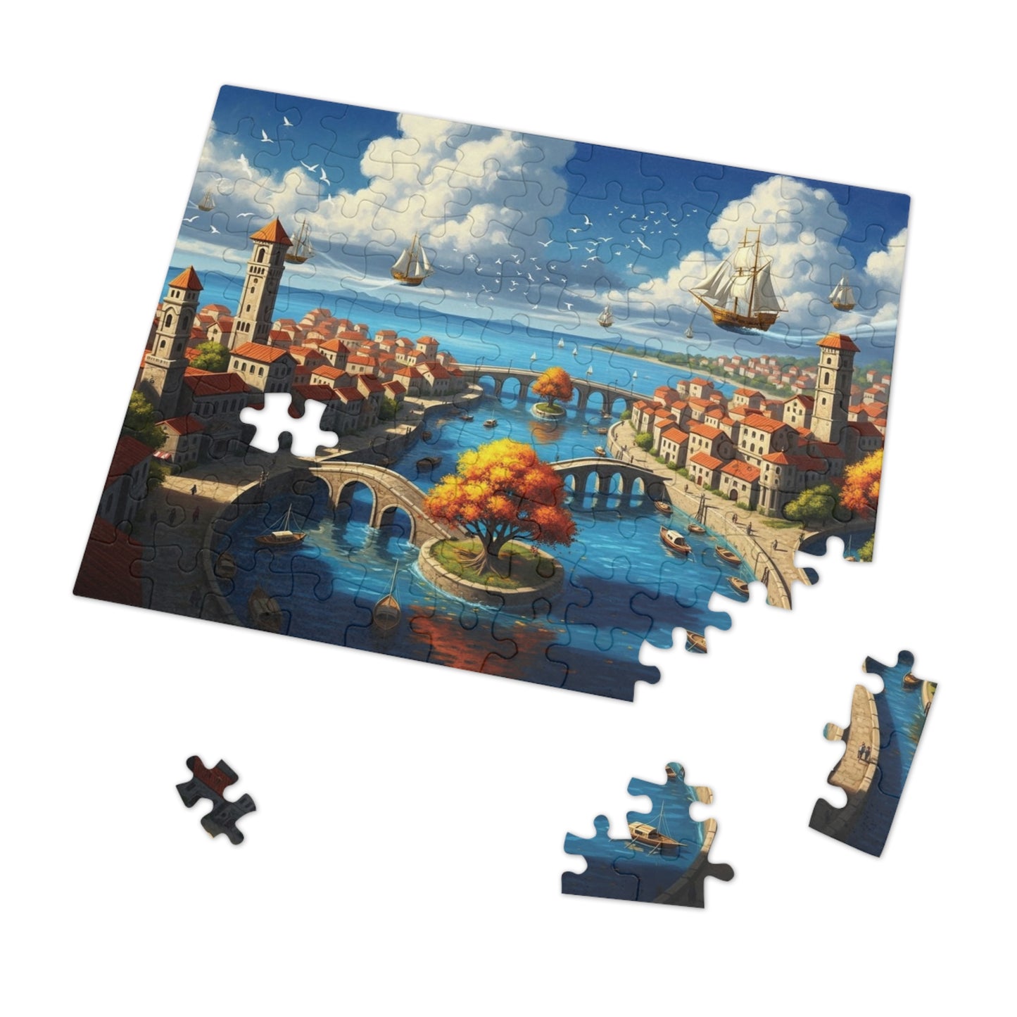 Floating Ships Over the Canal City, Coastal Town, Sailing Ships & Bridge Jigsaw Puzzle ✨