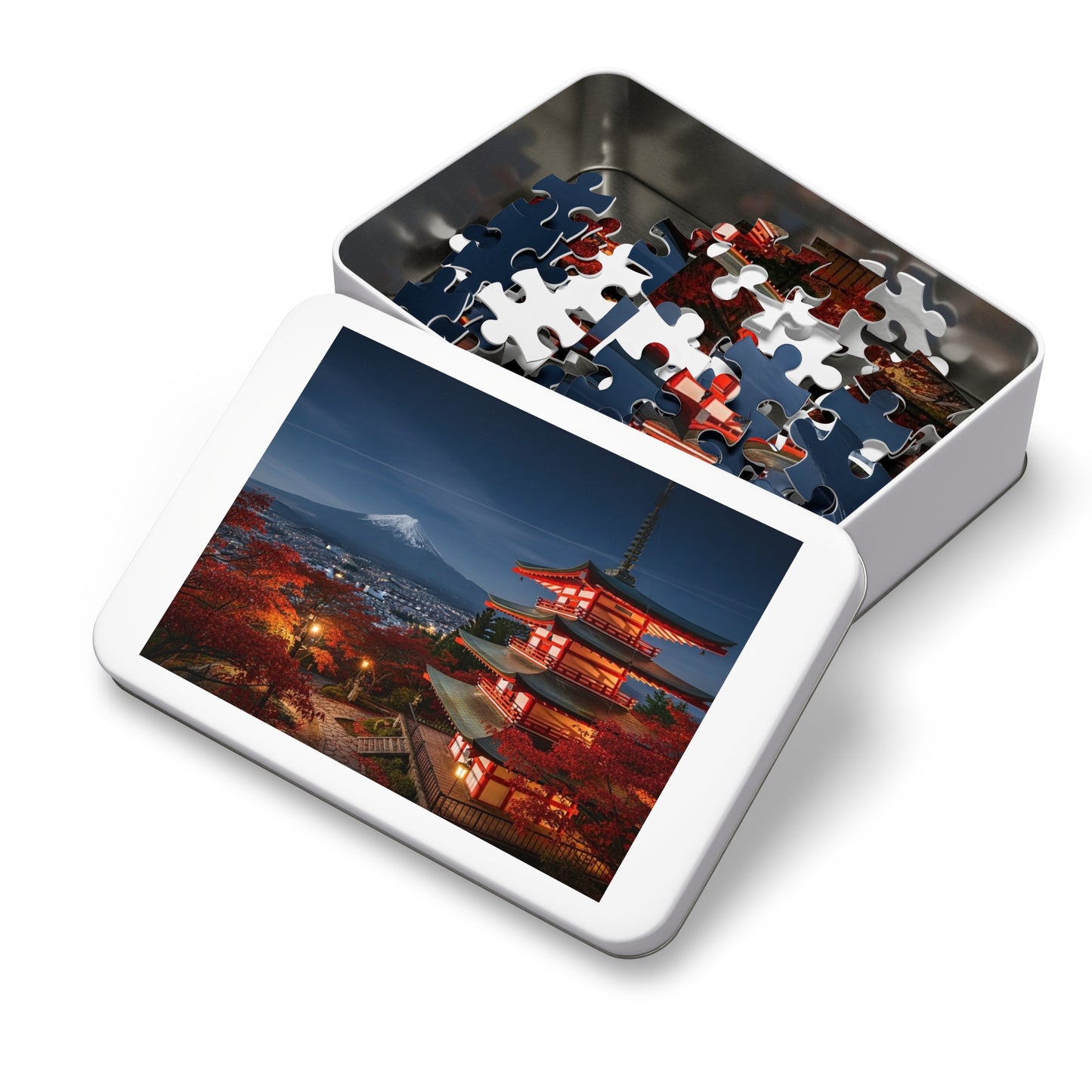 Mount Fuji Night Pagoda Jigsaw Puzzle 🌙🗻 Autumn Temple View, Japan City Lights & Crimson Maples
