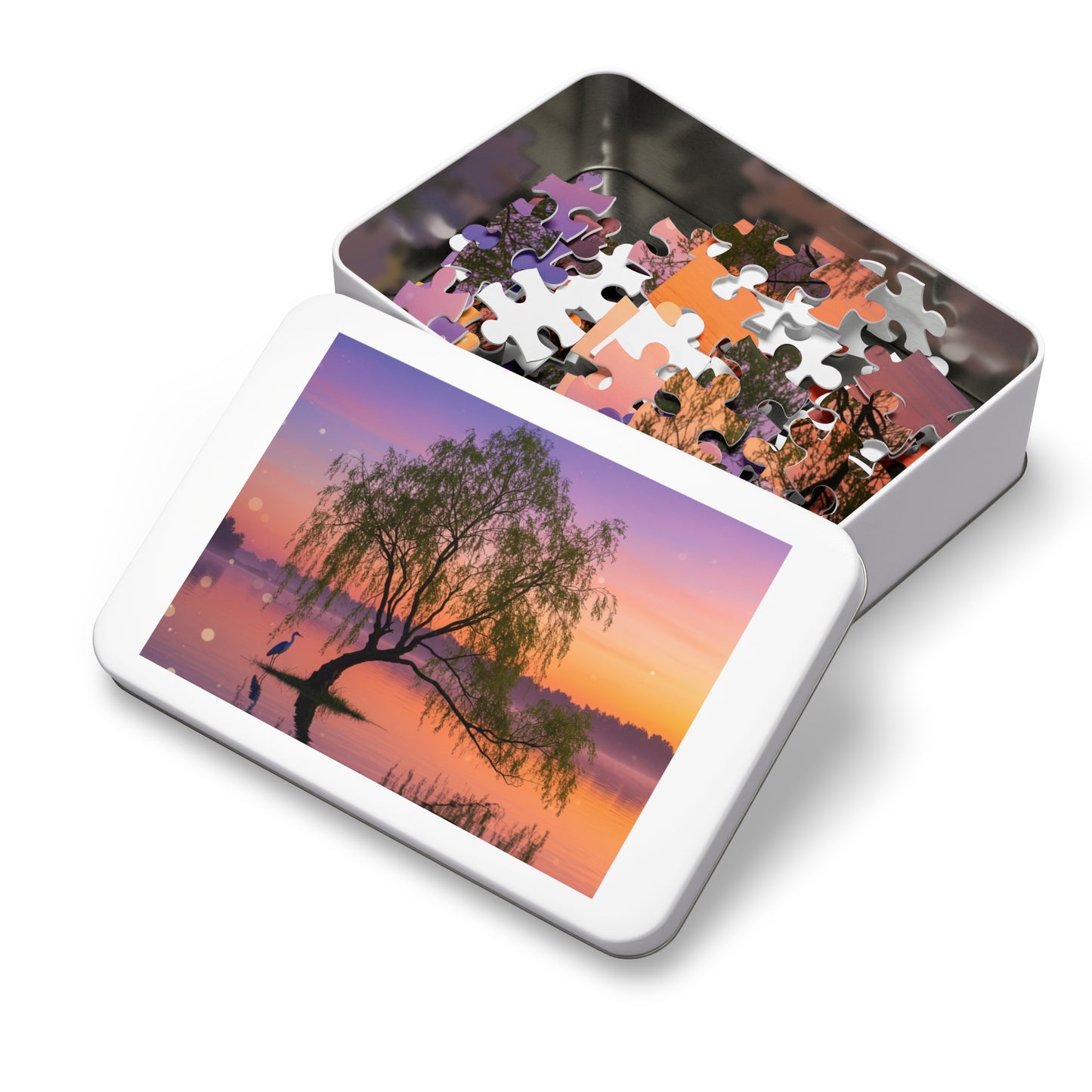 Willow Tree & Heron Jigsaw Puzzle (110, 252, 500, 1000, 2000 pcs) – Sunset Lake Scene in Gift Tin