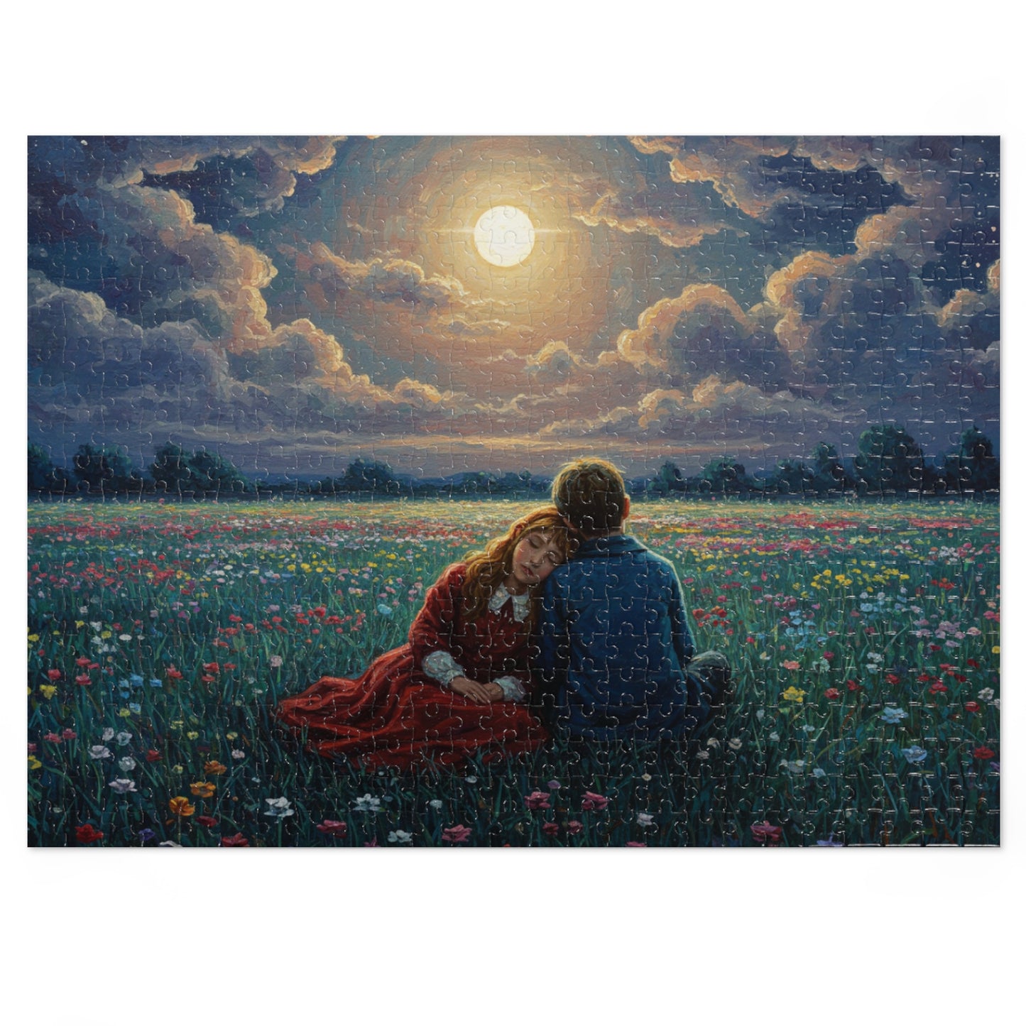 110, 252, 500, 1000, 2000 Romantic Moonlight Jigsaw Puzzle, Starry Night Romance Puzzle, Couple Under Moonlight in Meadow, Lovers Resting in Flower Field