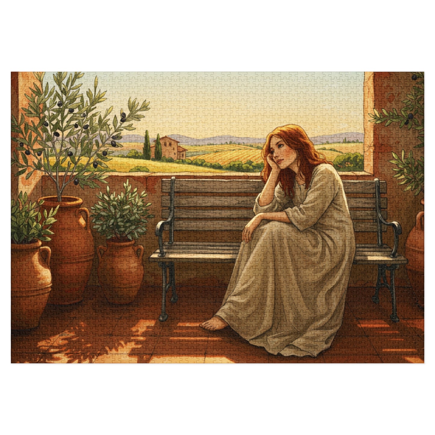 110, 252, 500, 1000, 2000 pcs Rustic Countryside Jigsaw Puzzle, Woman on Bench with Olive Trees, Mediterranean Landscape Puzzle