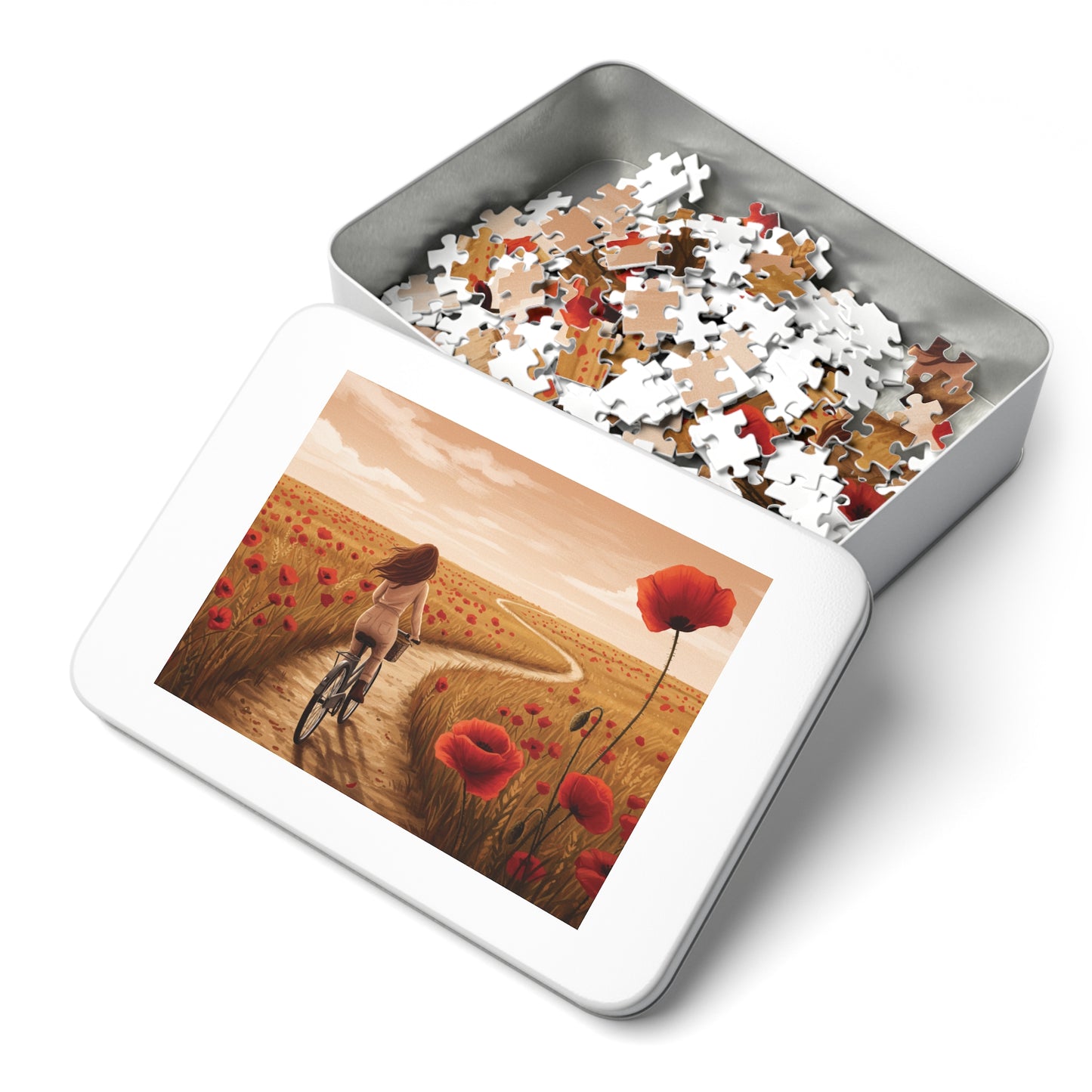 110, 252, 500, 1000, 2000 Golden Poppy Fields Jigsaw Puzzle – Serene Summer Bike Ride, Serene Poppy Fields Jigsaw Puzzle with Tin, Escape into Nature – Summer Cycling Puzzle with Flowers