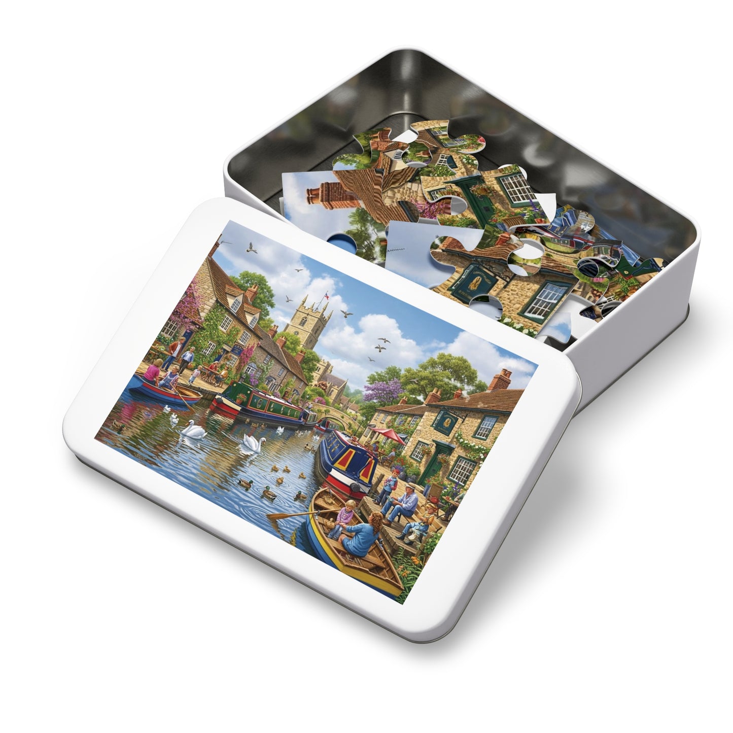 Canal Village Jigsaw Puzzle with Boats Swans and Cottages