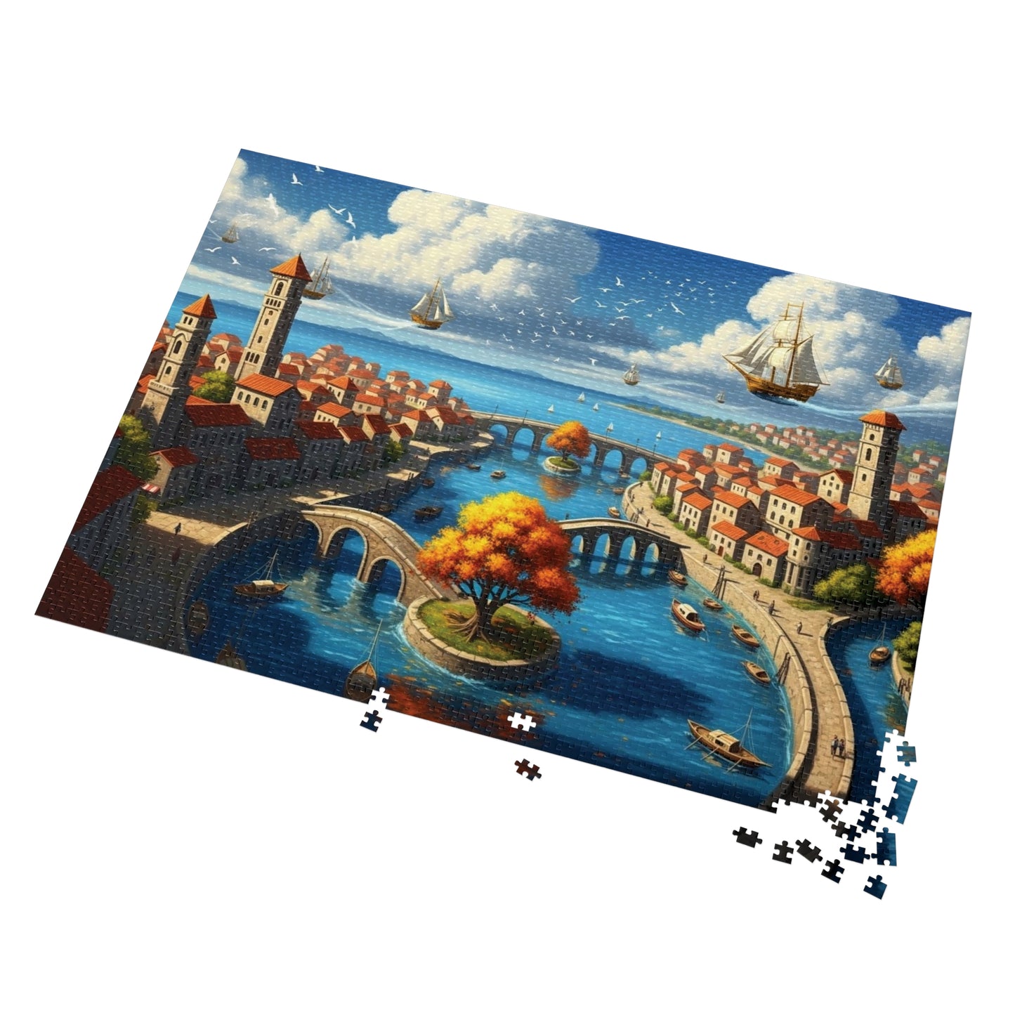 Floating Ships Over the Canal City, Coastal Town, Sailing Ships & Bridge Jigsaw Puzzle ✨