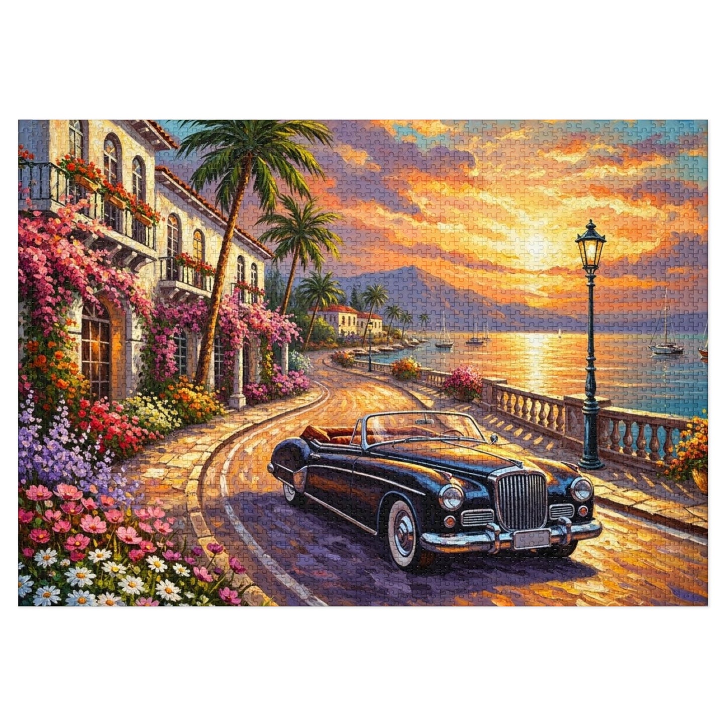 Vintage Convertible Coastal Sunset Jigsaw Puzzle