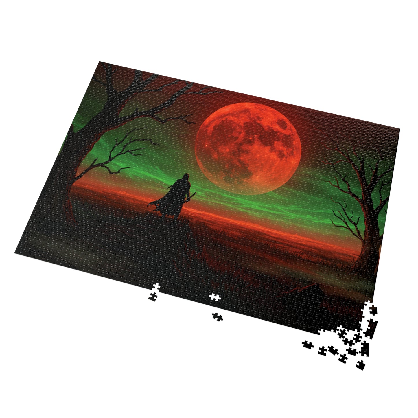 110, 252, 500, 1000, 2000 Mystical Red Moon Jigsaw Puzzle, Blood Moon Warrior Puzzle, Apocalyptic Red Moon Puzzle, Shadow Path Puzzle, Dark Fantasy Puzzle, Crimson Sky Puzzle