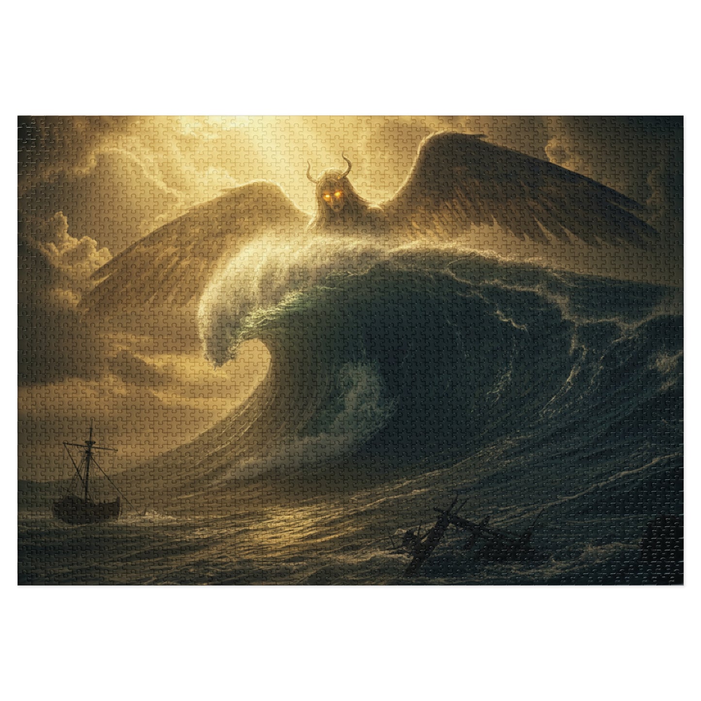 110, 252, 500, 1000, 2000 Mythic Sea Angel Rising | Stormy Ocean Wave Fantasy Art | Shipwreck & Light Beams | Surreal Winged Creature Wall Decor, Fantasy Jigsaw Puzzle with Tin