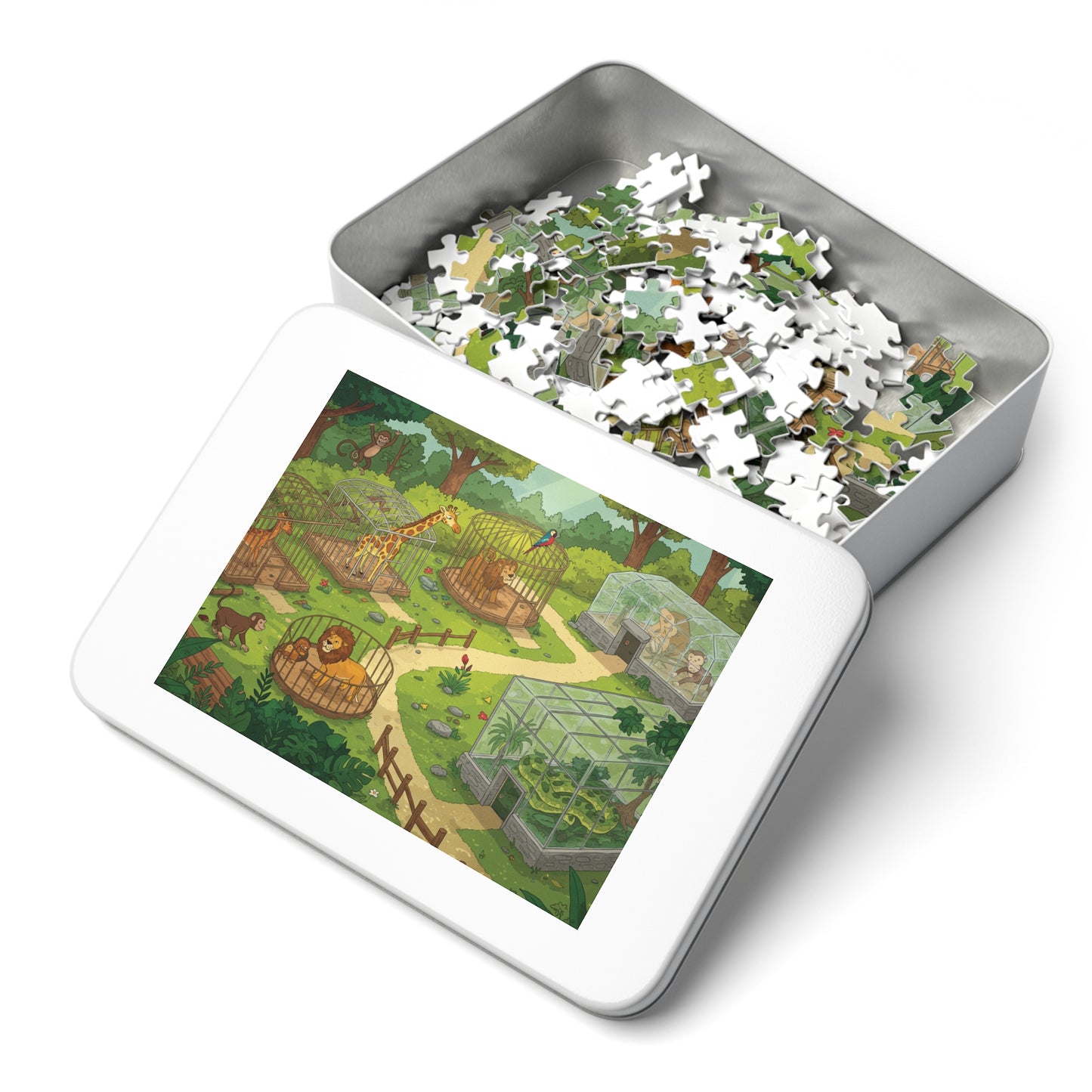 30, 110, 252 pcs Whimsical Zoo Jigsaw Puzzle, Cartoon Zoo Jigsaw Puzzle, Giraffes, Lions, Monkeys, and Parrots, Animated Animal Park Jigsaw, Lively Zoo Puzzle, Family Friendly Zoo Jigsaw Puzzle