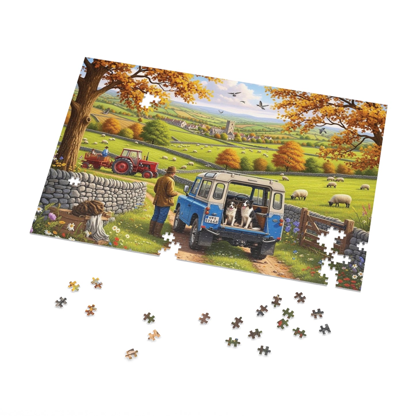 Autumn Countryside Farm Jigsaw Puzzle with Dogs, Tractor & Village