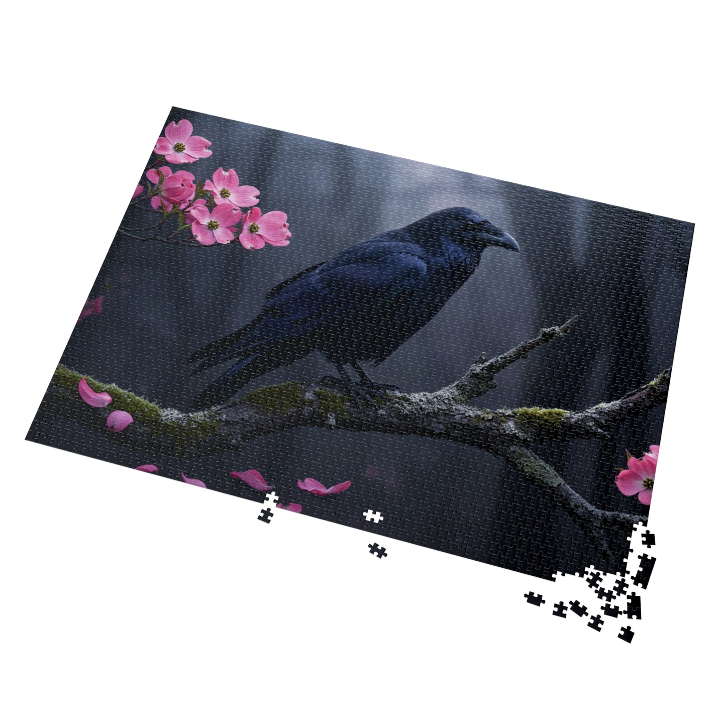 110, 252, 500, 1000, 2000 Black Bird in Spring Forest | Dark Raven with Pink Blossoms | Nature-Inspired Raven & Bloom Puzzle |Mystical Raven Jigsaw Puzzle with Tin | Gothic Raven & Cherry Blossom Puzzle