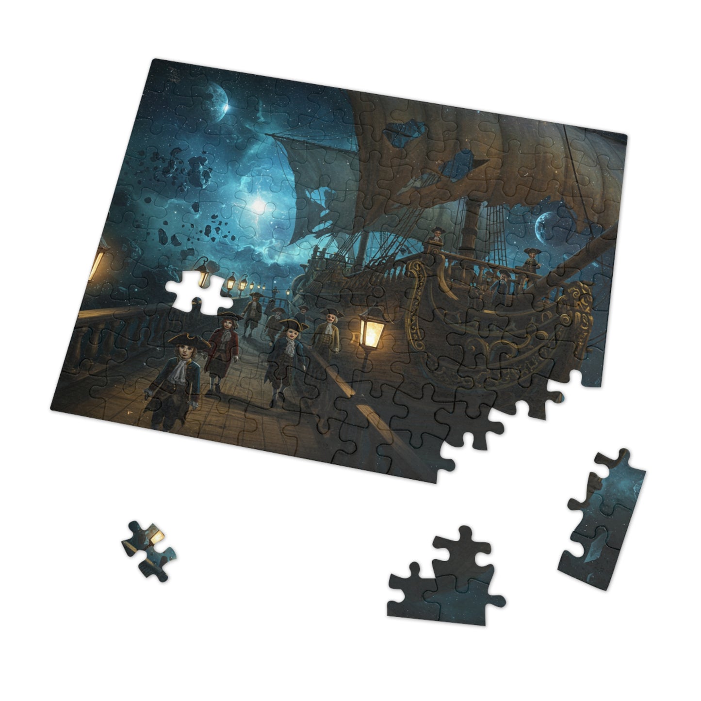 Fantasy Night Ship Jigsaw Puzzle Moonlit Sky and Lantern Deck Scene