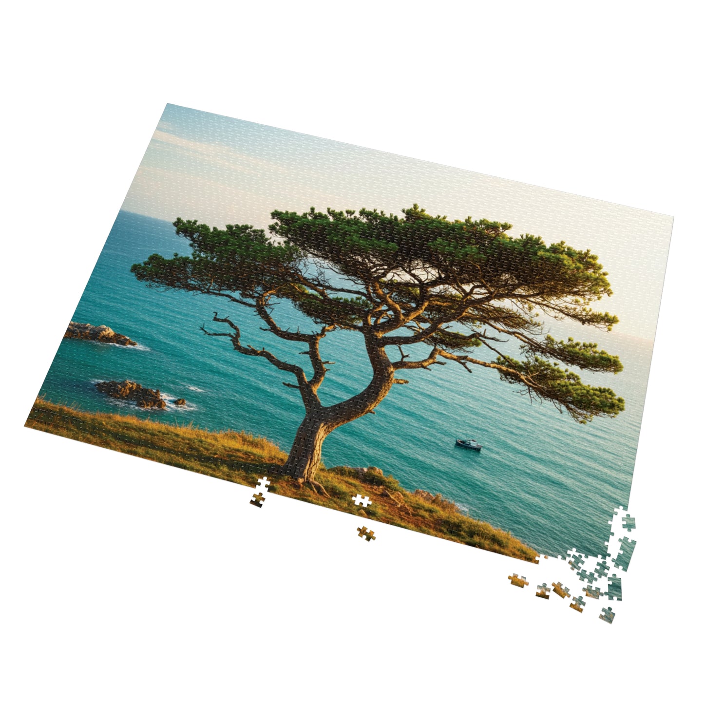 Coastal Tree & Ocean View Jigsaw Puzzle (110, 252, 500, 1000, 2000 pcs) – Serene Cliffside Scene in Gift Tin