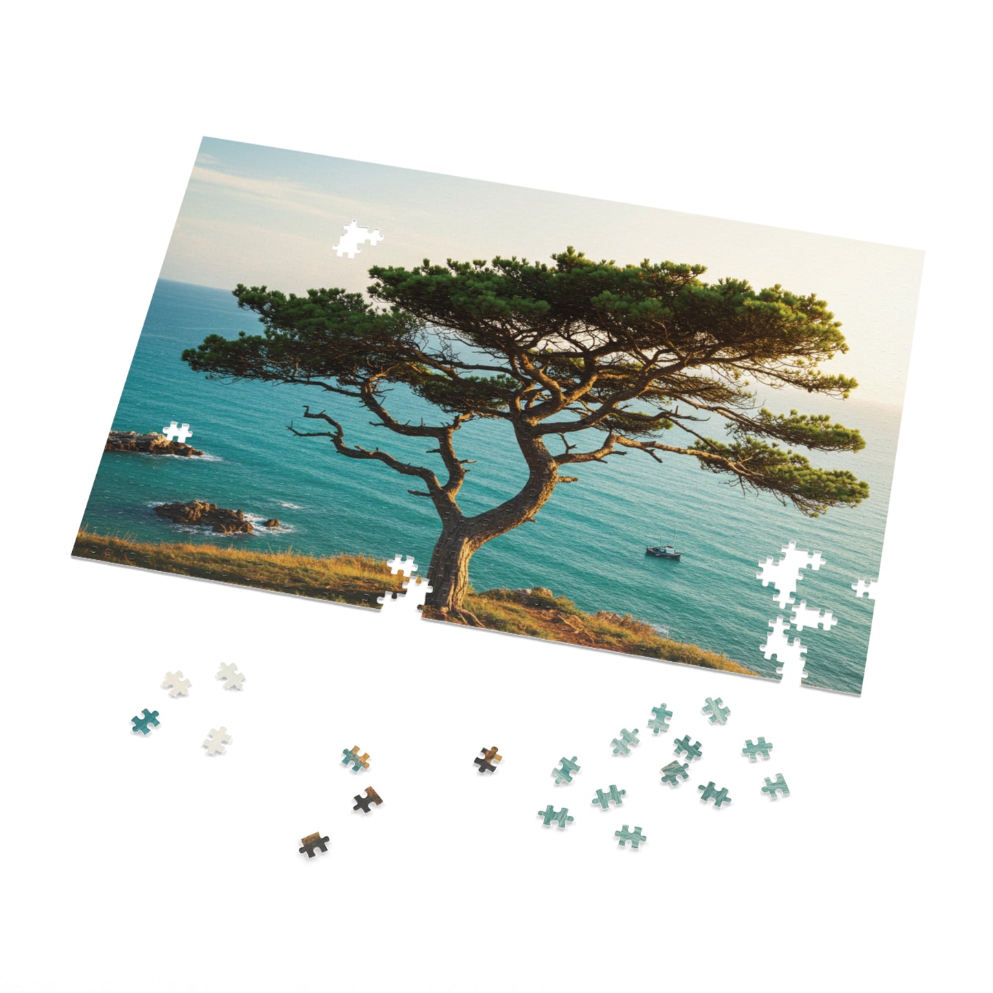 Coastal Tree & Ocean View Jigsaw Puzzle (110, 252, 500, 1000, 2000 pcs) – Serene Cliffside Scene in Gift Tin