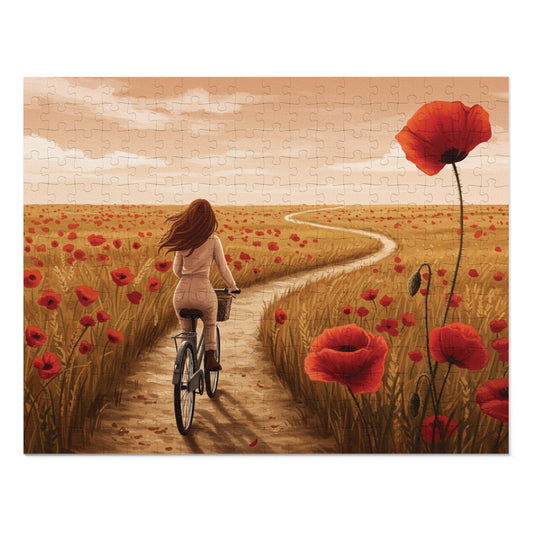 110, 252, 500, 1000, 2000 Golden Poppy Fields Jigsaw Puzzle – Serene Summer Bike Ride, Serene Poppy Fields Jigsaw Puzzle with Tin, Escape into Nature – Summer Cycling Puzzle with Flowers