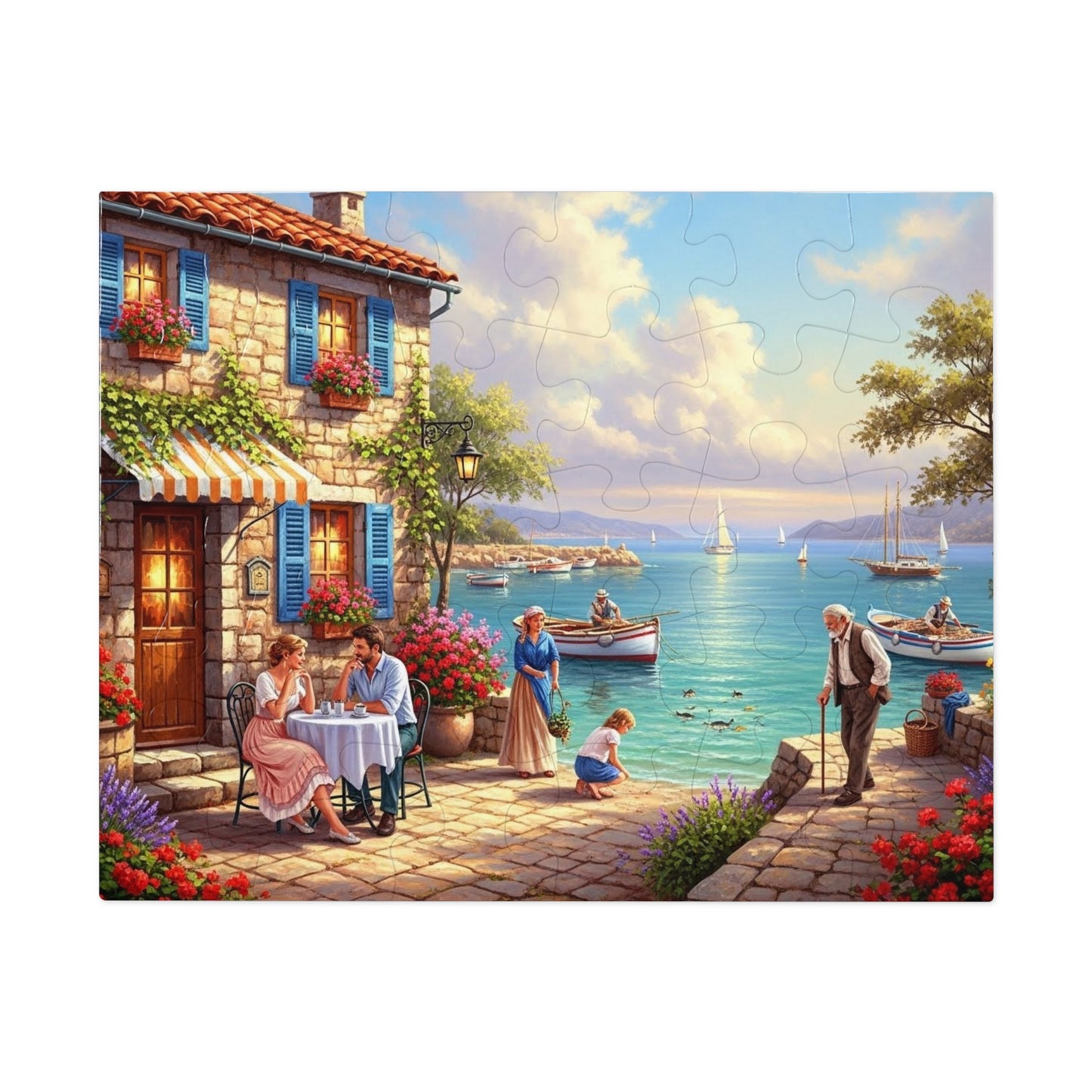 Mediterranean Seaside Café Puzzle | Charming Coastal Village, Sailboats, Flowers & Sunset Life