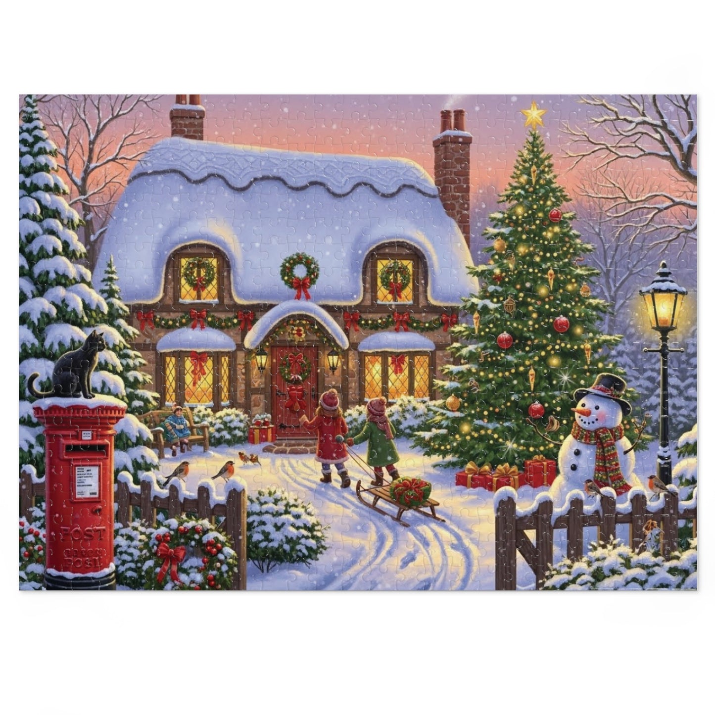 Christmas Cottage Jigsaw Puzzle with Tree Snowman and Sled