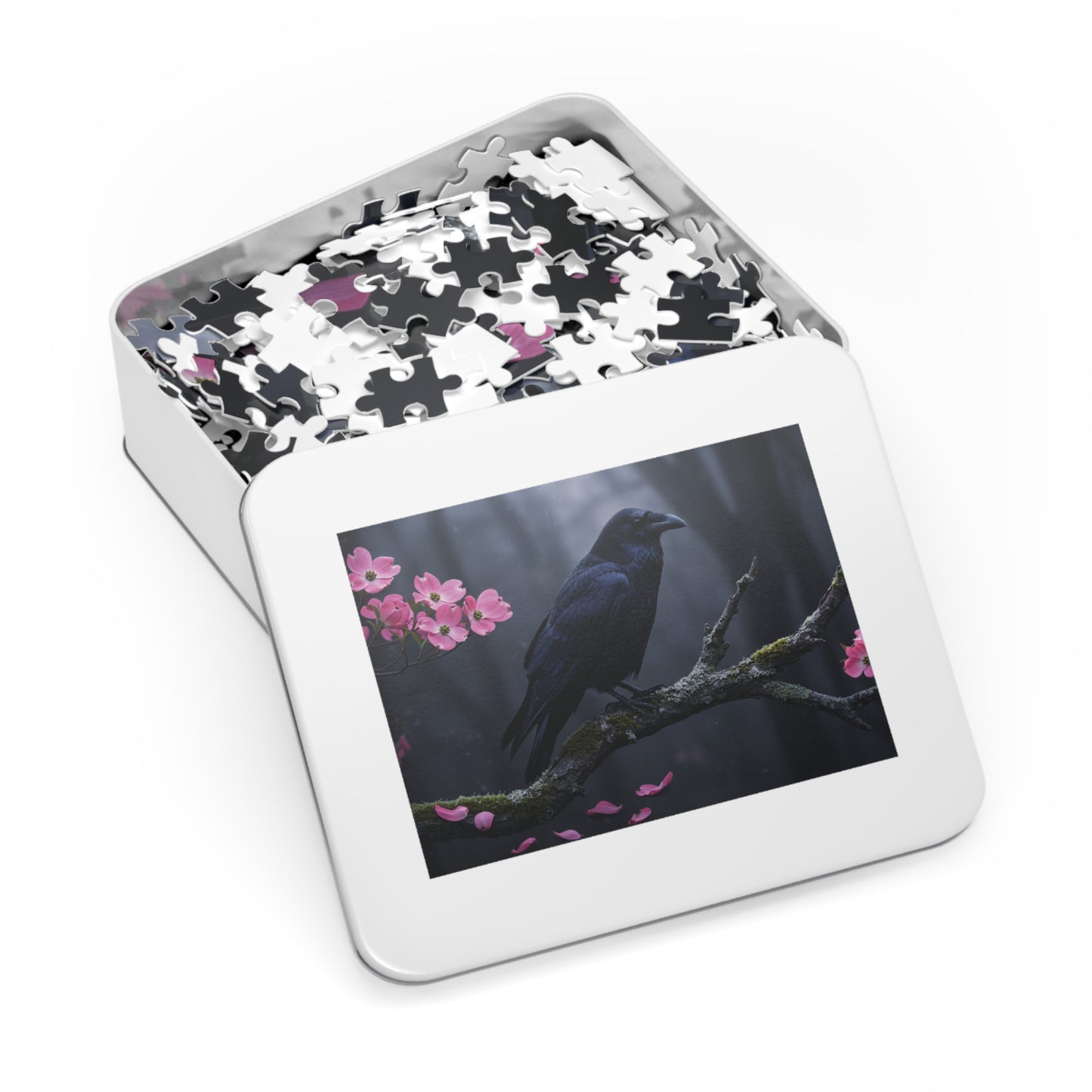 110, 252, 500, 1000, 2000 Black Bird in Spring Forest | Dark Raven with Pink Blossoms | Nature-Inspired Raven & Bloom Puzzle |Mystical Raven Jigsaw Puzzle with Tin | Gothic Raven & Cherry Blossom Puzzle