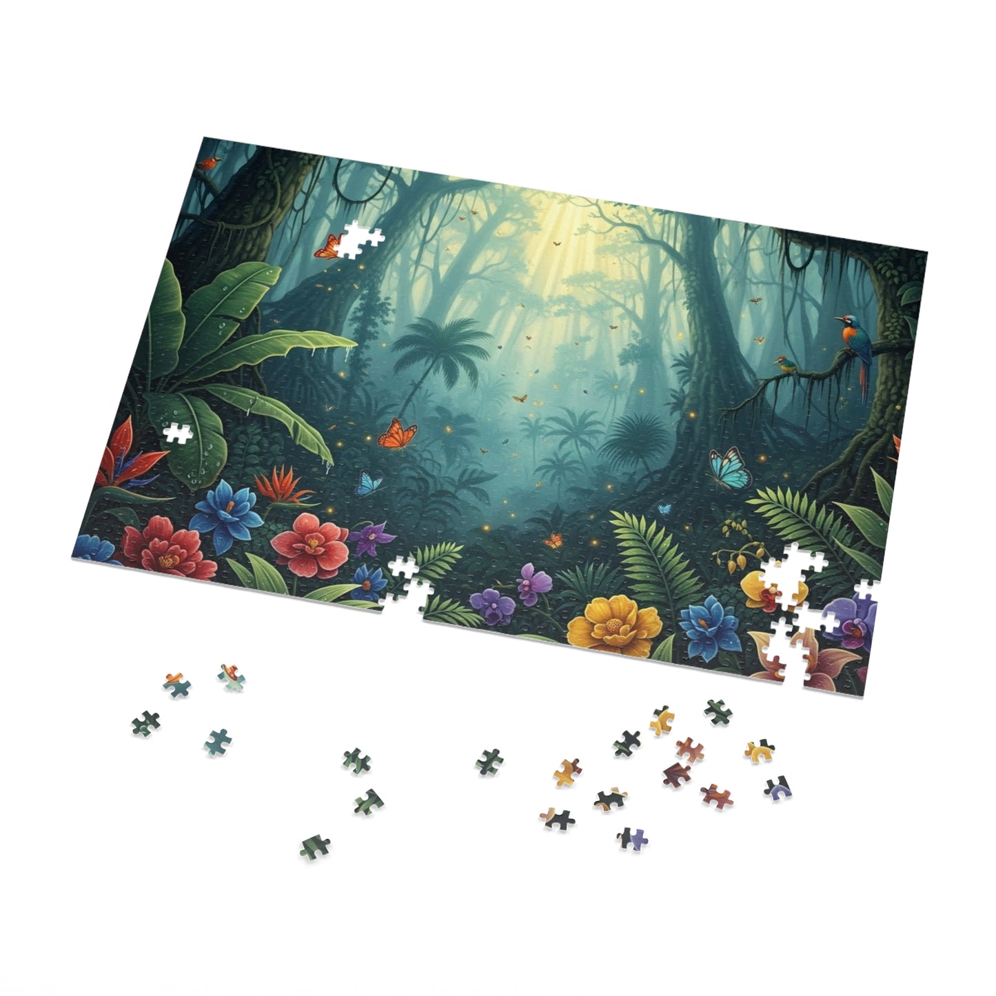 Enchanted Tropical Forest Puzzle with Butterflies, Exotic Flowers and Golden Light