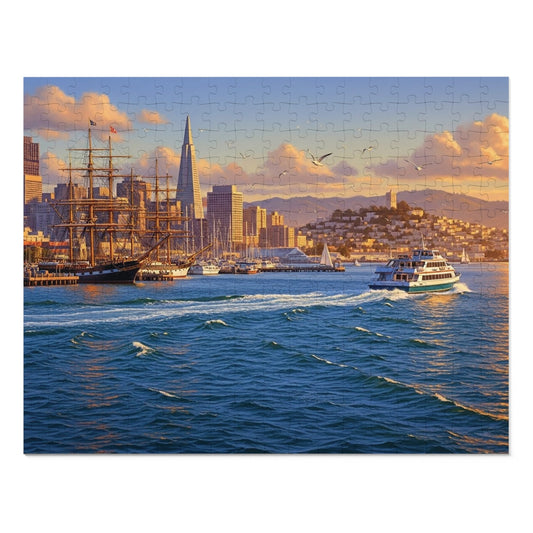 Coastal City at Sunset Jigsaw Puzzle | Nautical Waterfront Art
