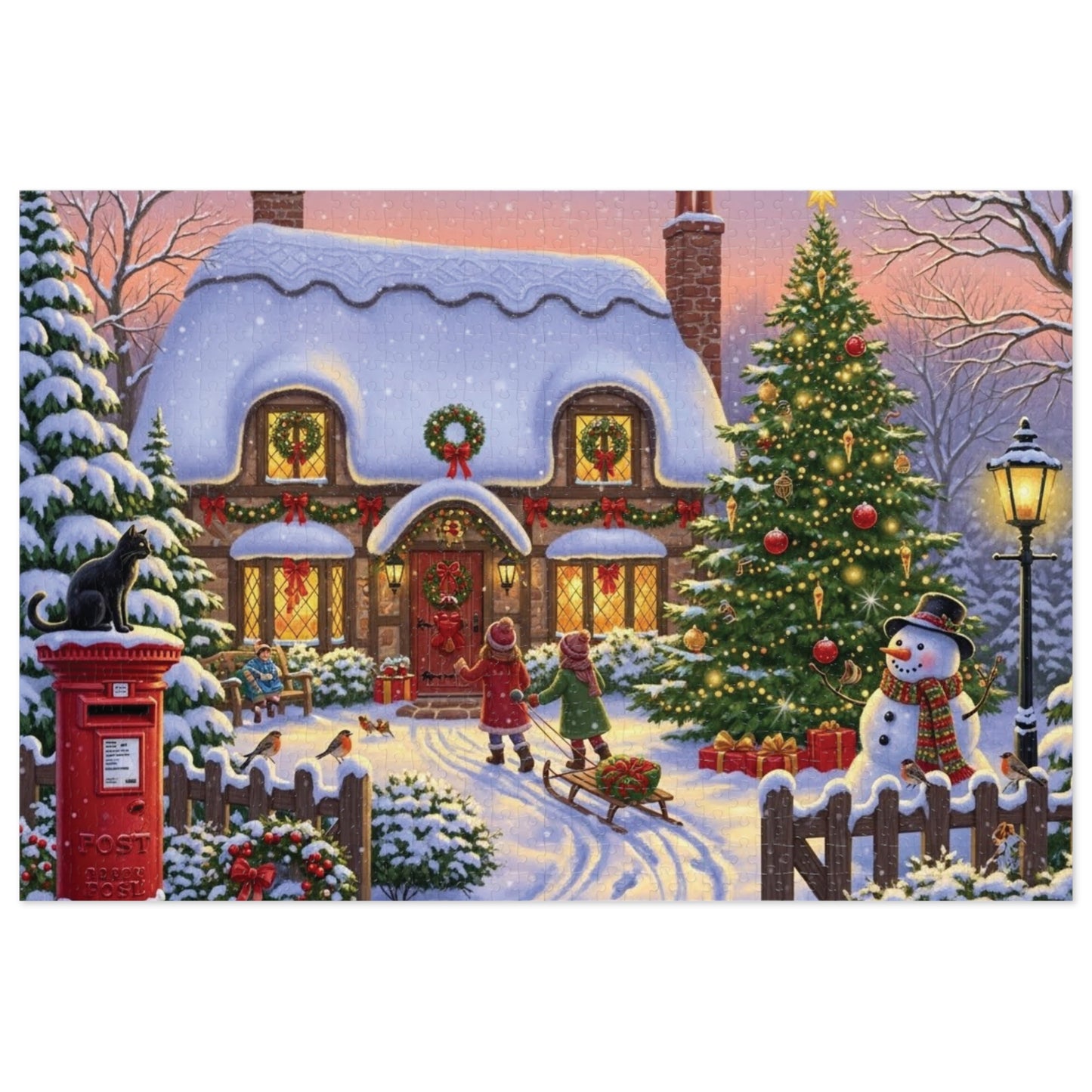 Christmas Cottage Jigsaw Puzzle with Tree Snowman and Sled
