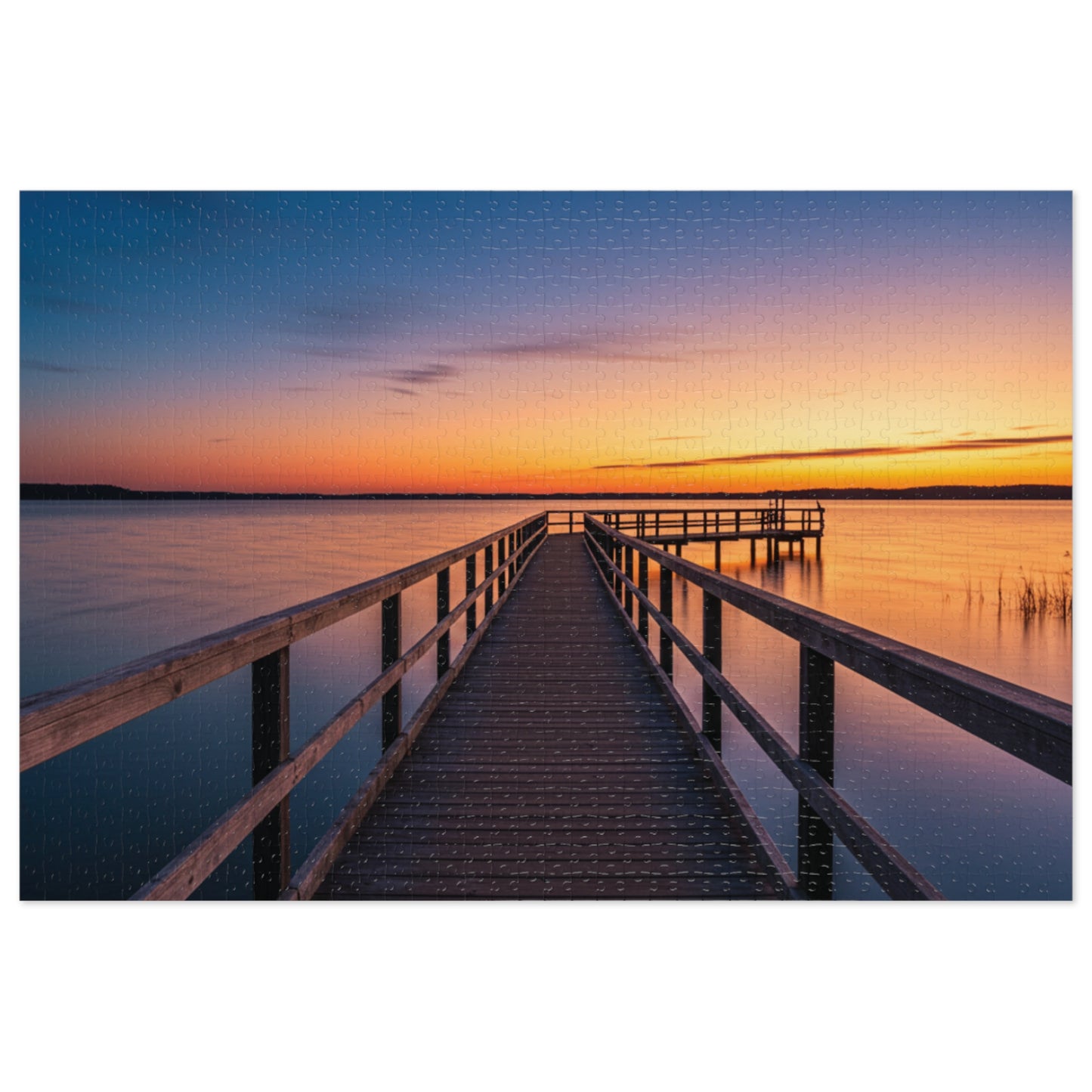 Sunset Jigsaw Puzzle with Tin, Boardwalk Sunset Puzzle – Soothing Waterscape Jigsaw for Relaxation, Peaceful Sunset Landscape Puzzle